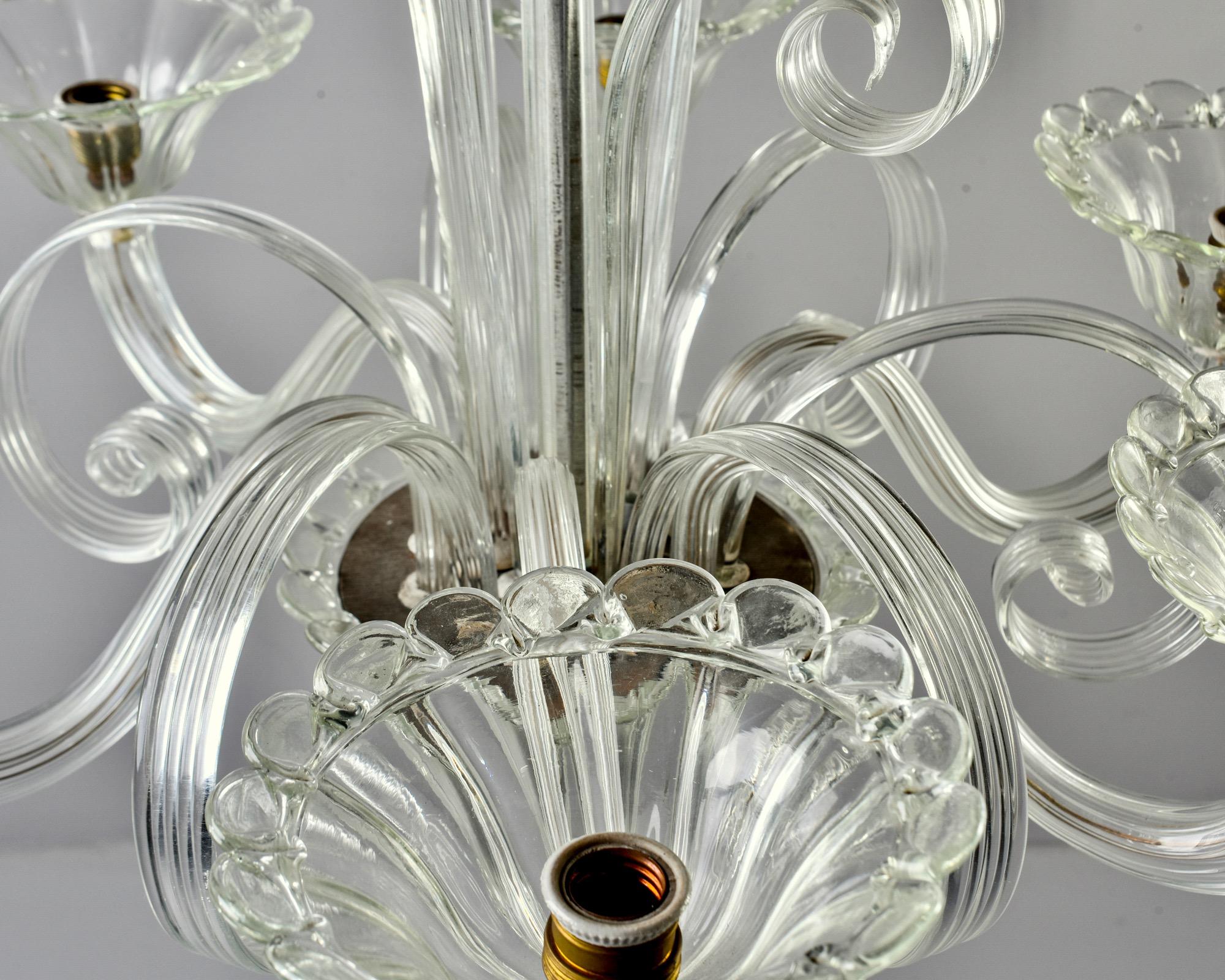 20th Century Midcentury Clear Murano Glass Six-Light Chandelier For Sale