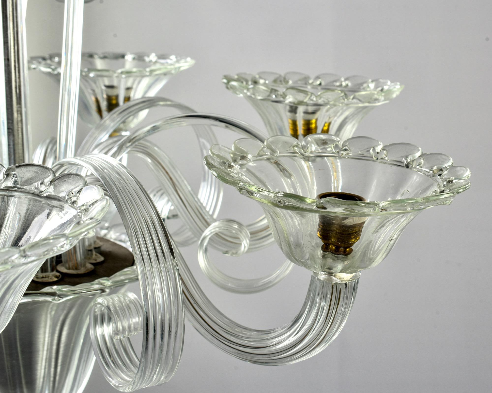 Metal Midcentury Clear Murano Glass Six-Light Chandelier For Sale