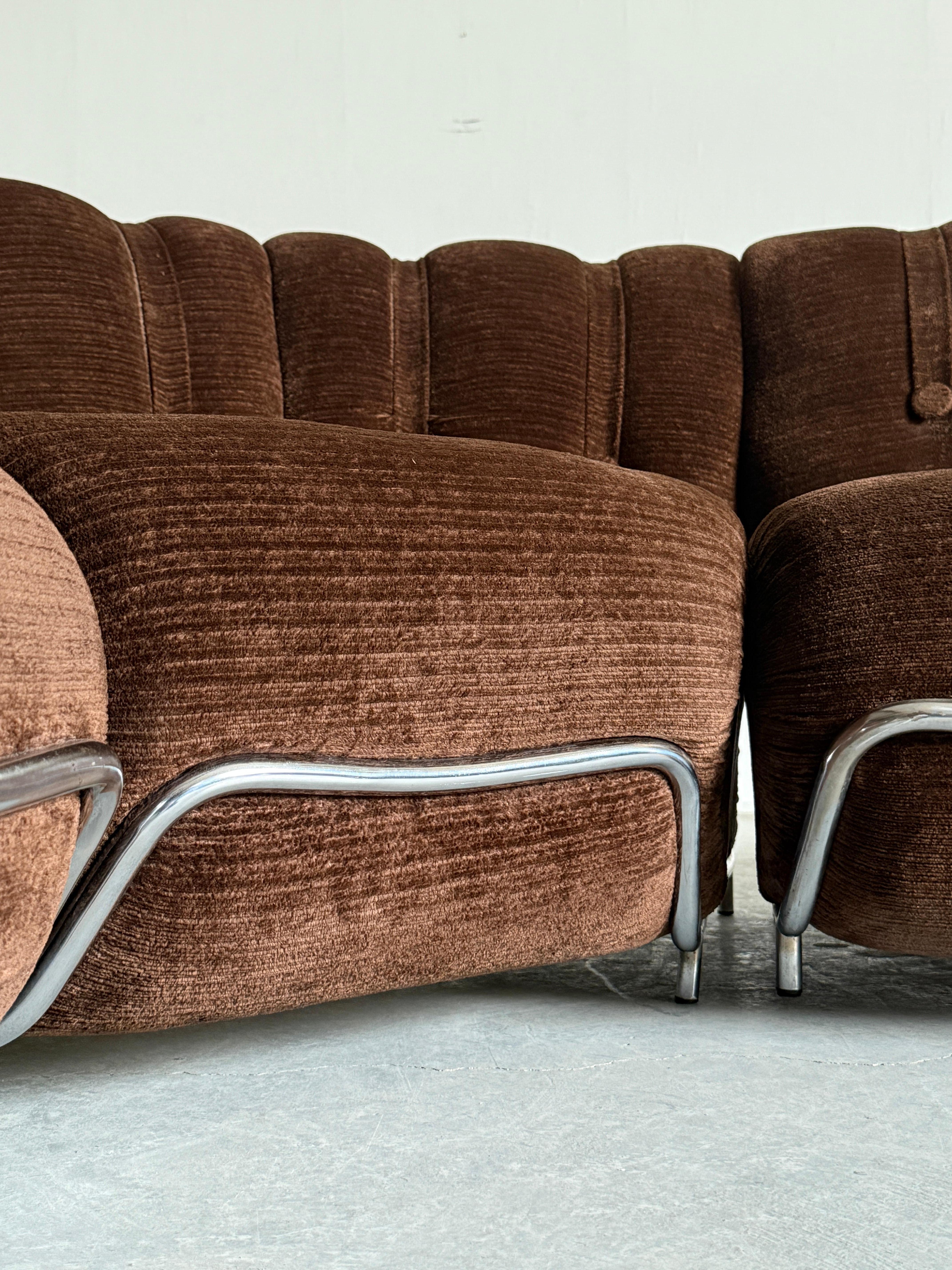 Mid-Century Cloud Sectional Sofa in Dark Brown Striped Fabric Upholstery, Steel For Sale 4