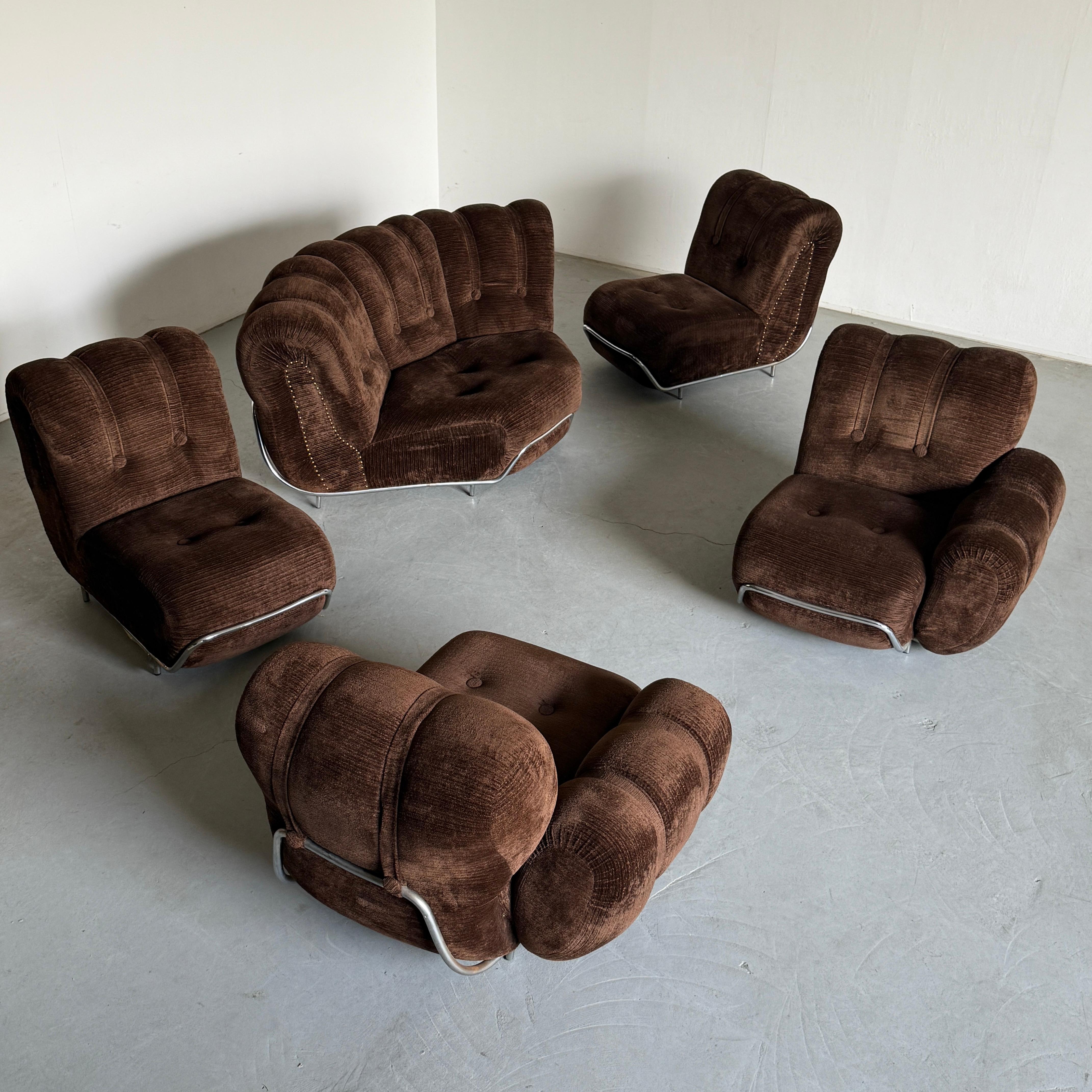 Mid-Century Modern Mid-Century Cloud Sectional Sofa in Dark Brown Striped Fabric Upholstery, Steel For Sale