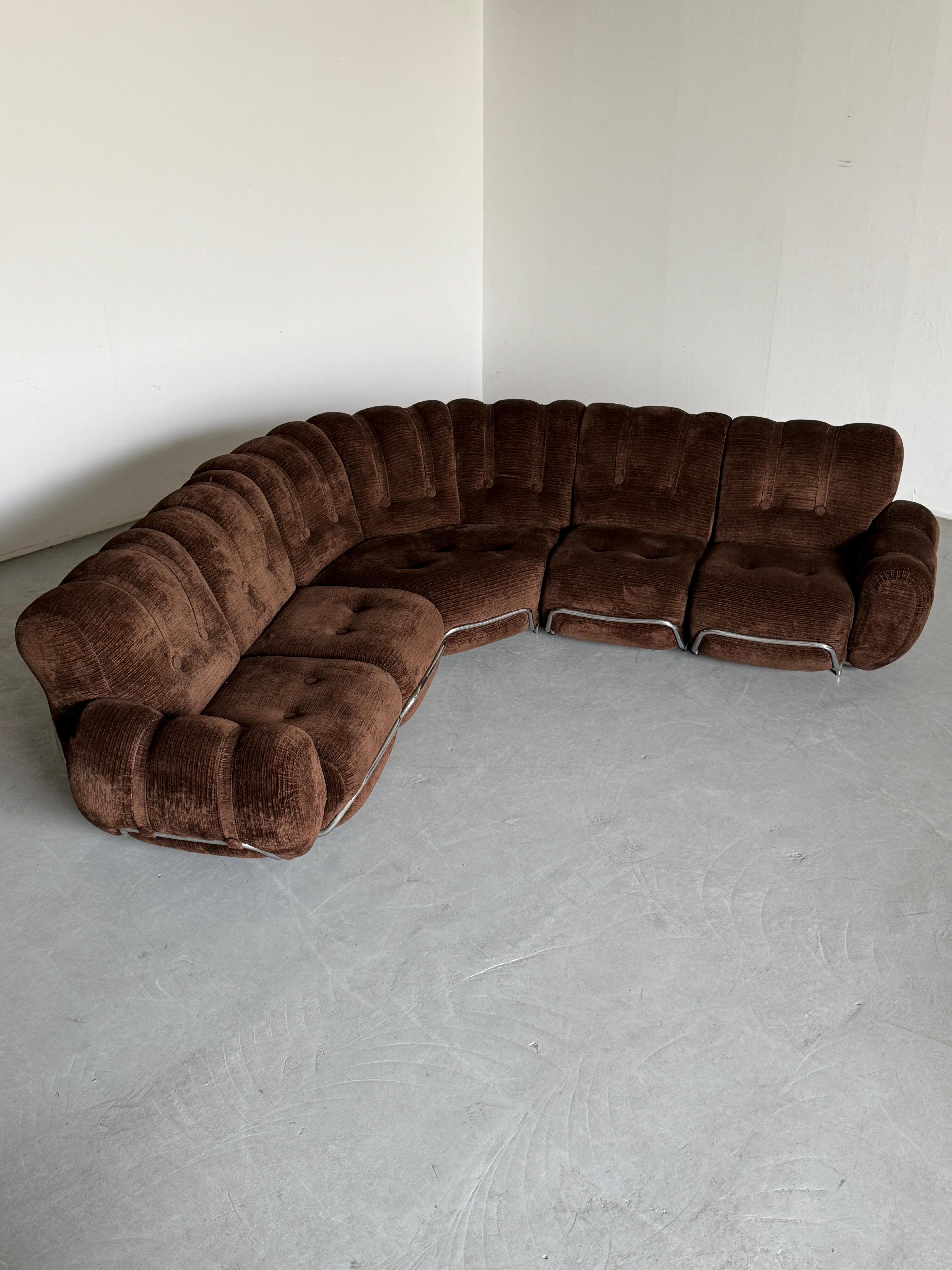 Italian Mid-Century Cloud Sectional Sofa in Dark Brown Striped Fabric Upholstery, Steel For Sale