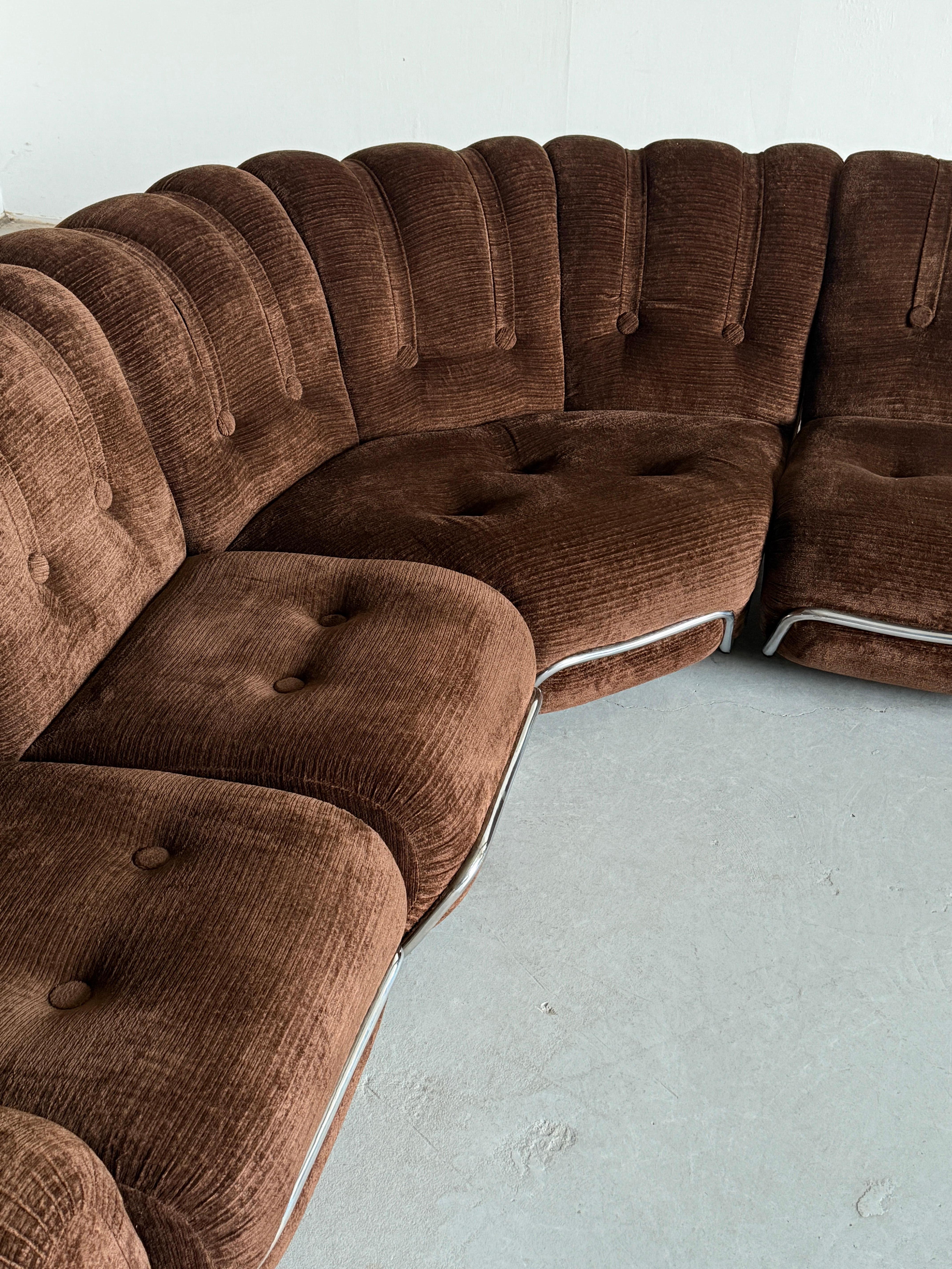 Late 20th Century Mid-Century Cloud Sectional Sofa in Dark Brown Striped Fabric Upholstery, Steel For Sale