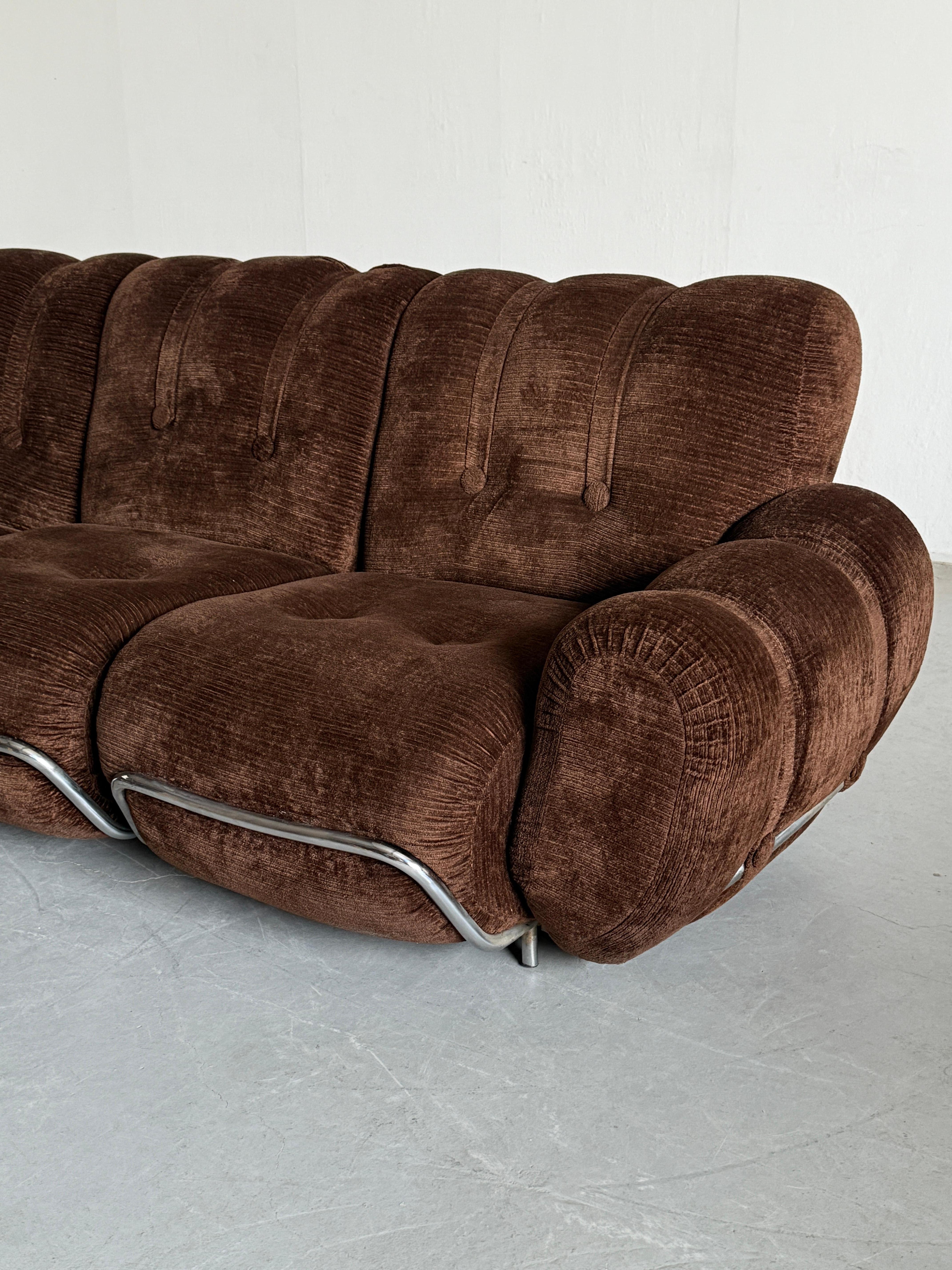 Mid-Century Cloud Sectional Sofa in Dark Brown Striped Fabric Upholstery, Steel For Sale 1
