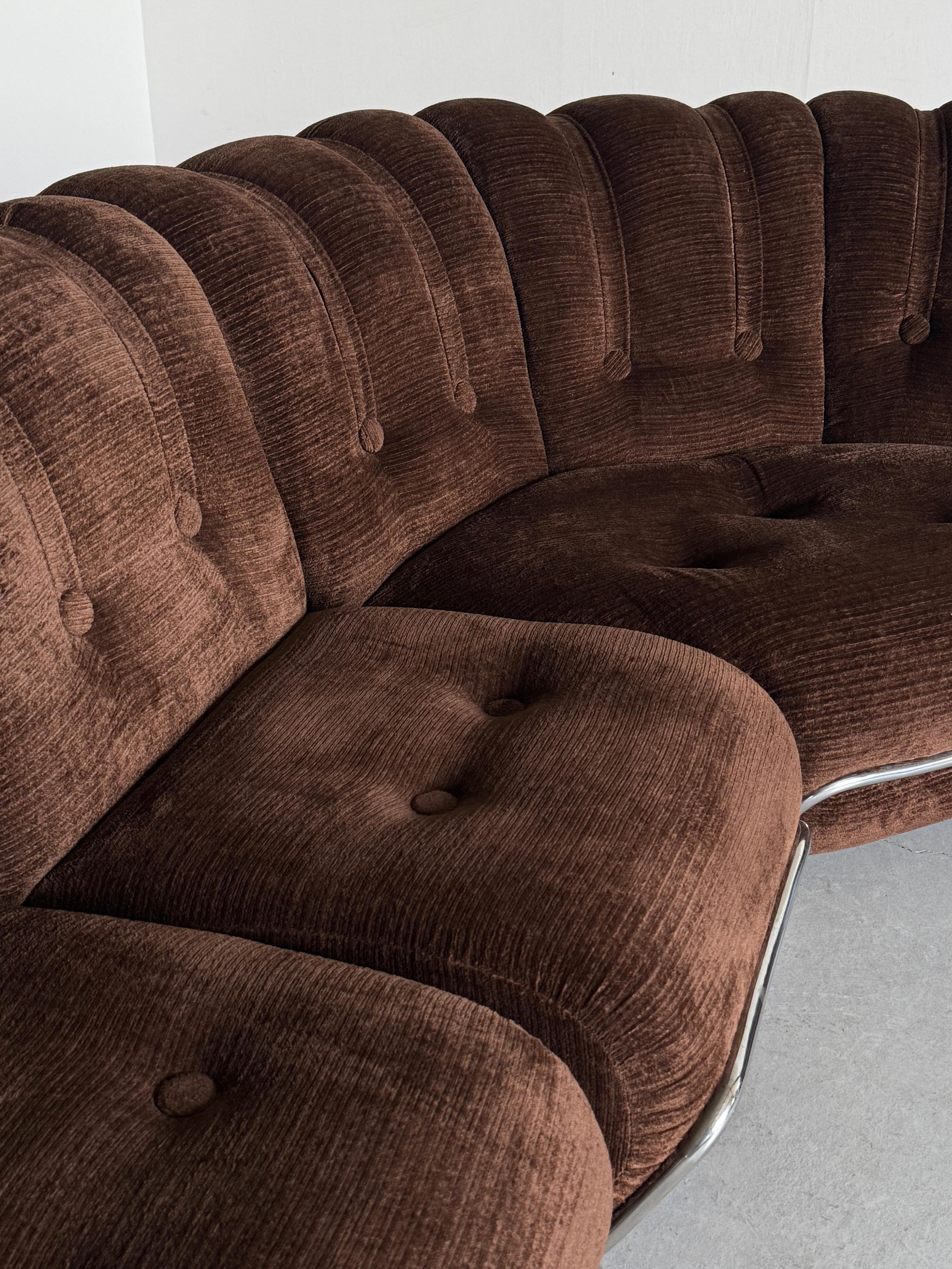 Mid-Century Cloud Sectional Sofa in Dark Brown Striped Fabric Upholstery, Steel For Sale 2