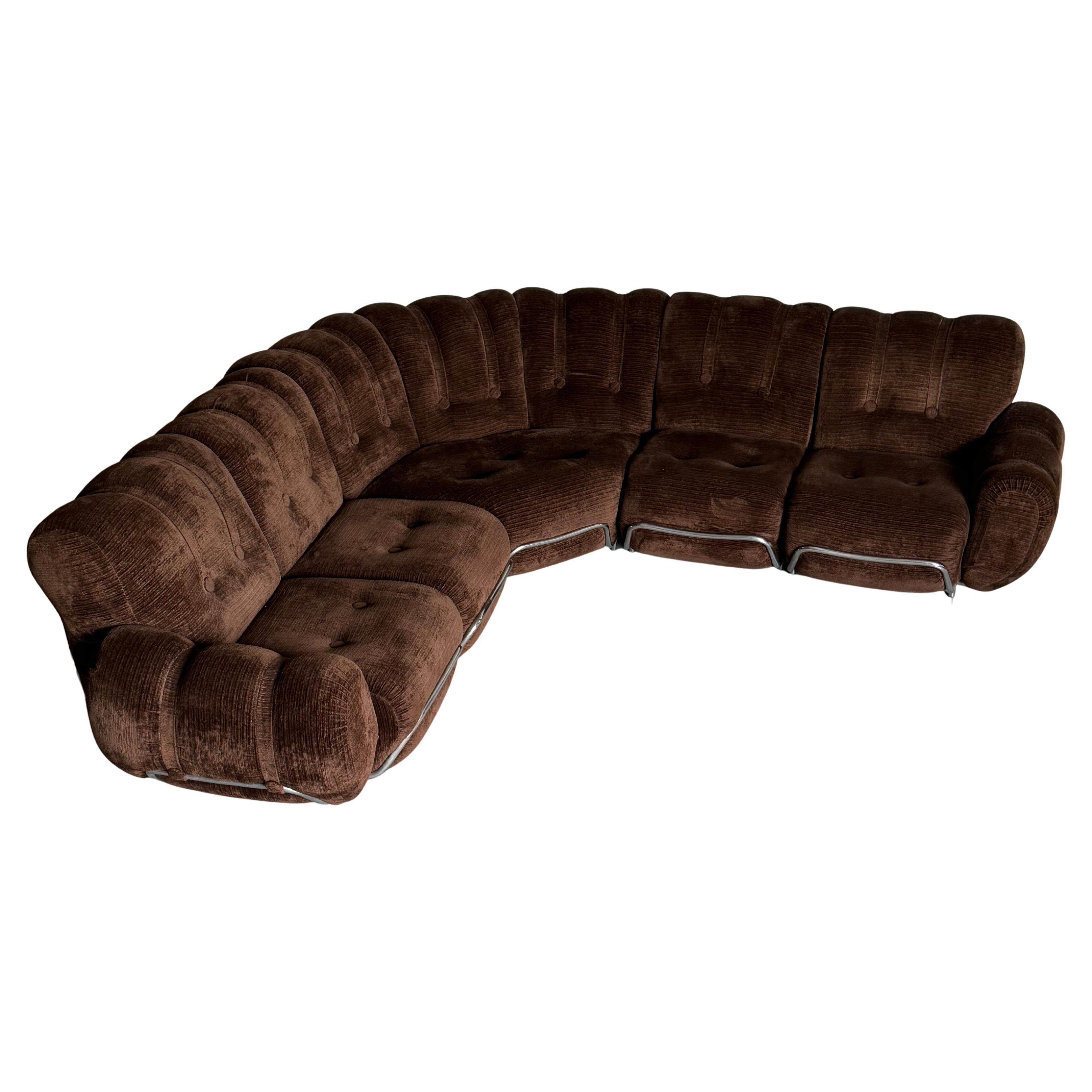 Mid-Century Cloud Sectional Sofa in Dark Brown Striped Fabric Upholstery, Steel For Sale