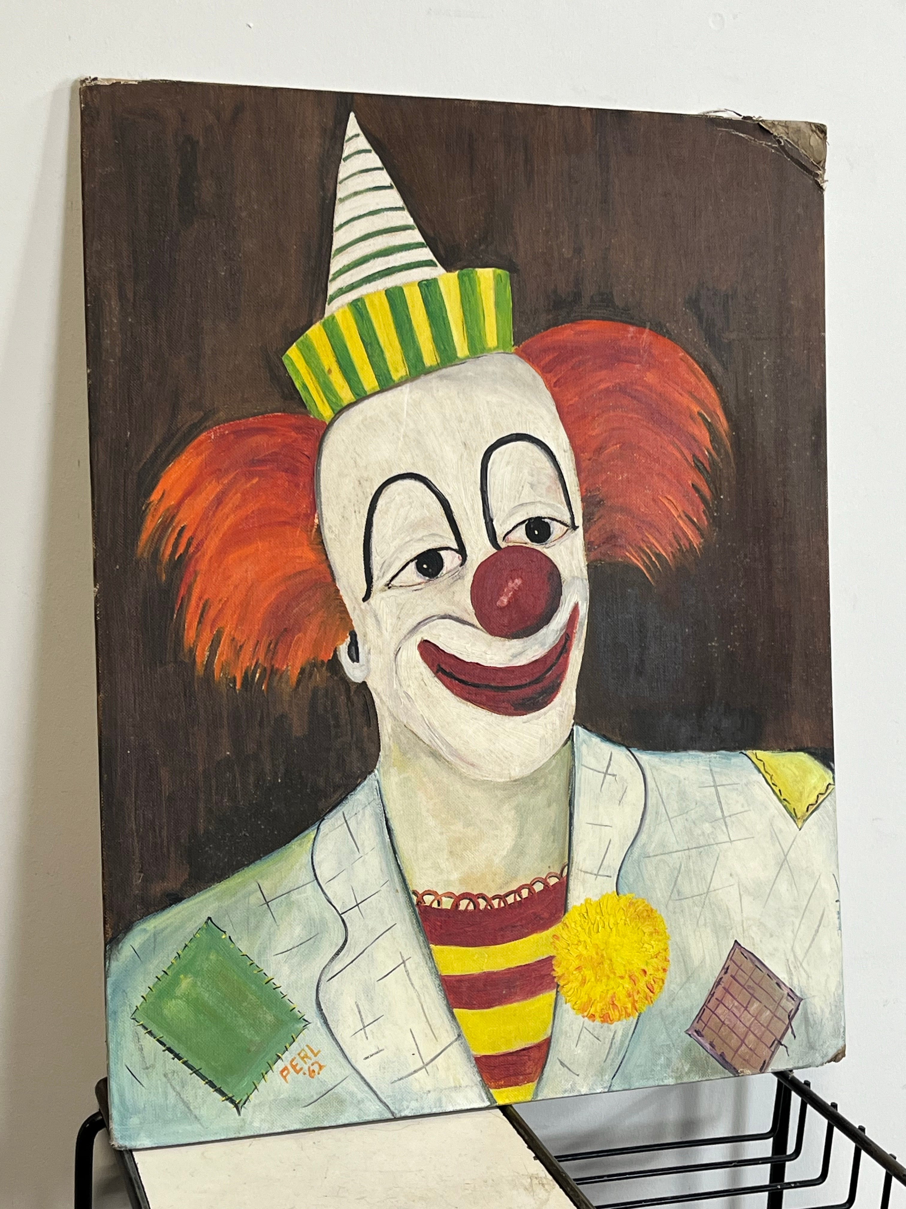 Gran pintura caprichosa de mediados de siglo de un payaso. Atuendo de época con gran expresión. Firmado Perl '62
