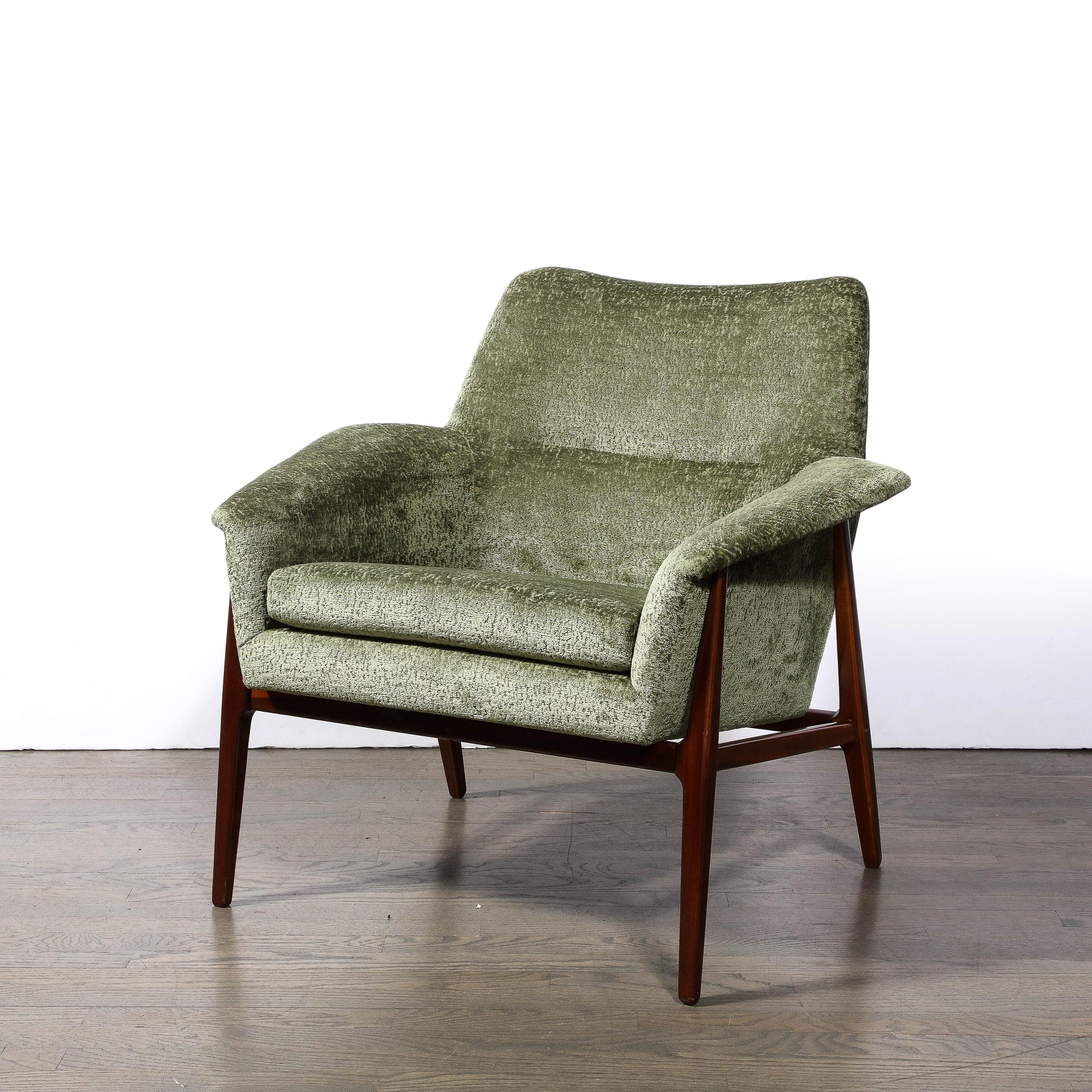 American Mid-century Club Chairs W/ Hand-Rubbed Walnut & Holly Hunt Gauffraged Velvet
