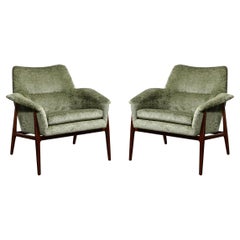 Mid-century Club Chairs W/ Hand-Rubbed Walnut & Holly Hunt Gauffraged Velvet