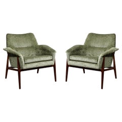 Mid-century Club Chairs W/ Hand-Rubbed Walnut & Holly Hunt Gauffraged Velvet