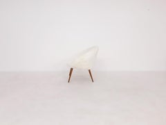 Midcentury Club or Cocktail Chair in Faux Polar Bear Fur and Teak, 1950s