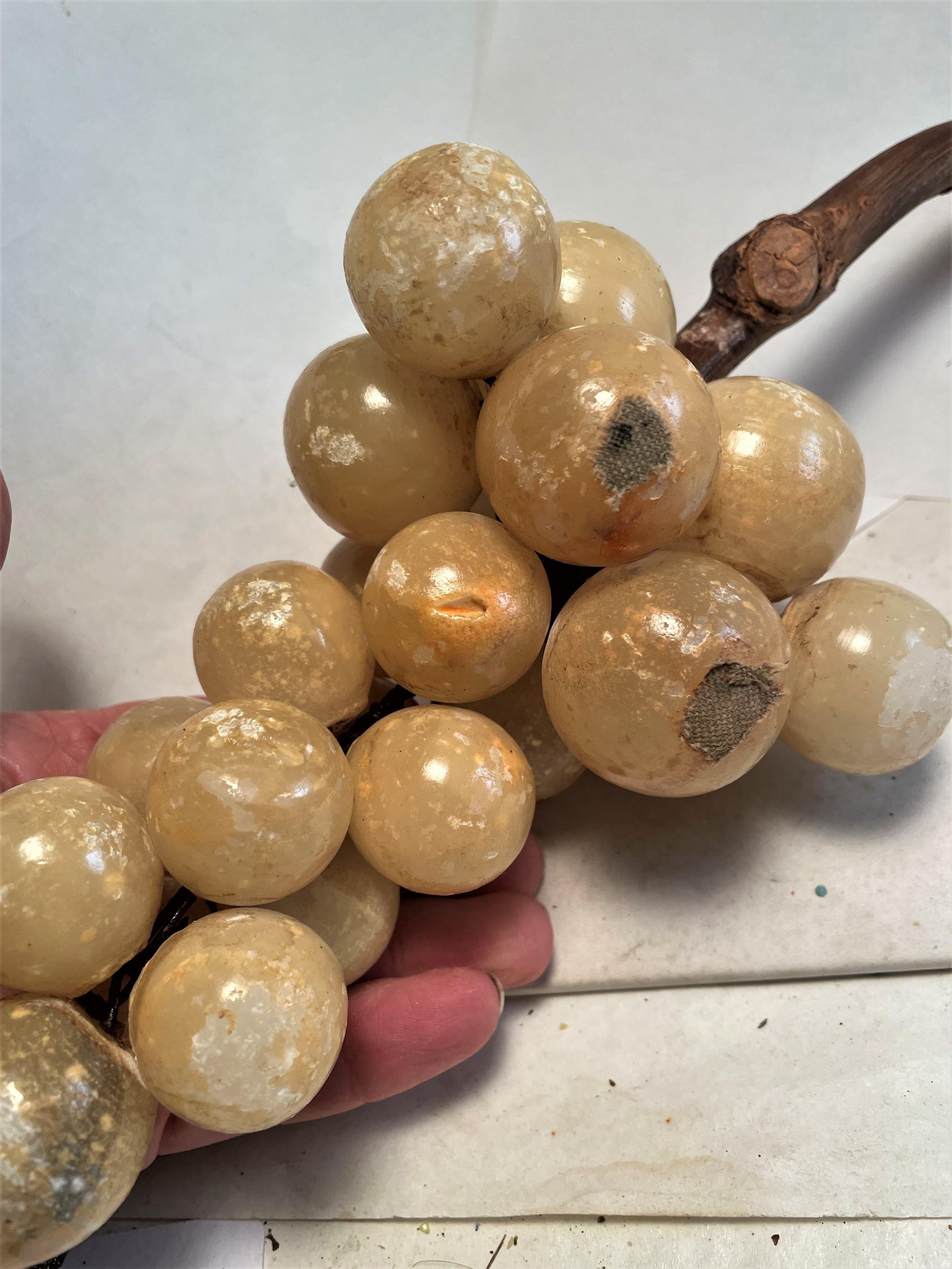 20th Century Mid Century Cluster Bunch Alabaster Grapes Wood Branch Stem