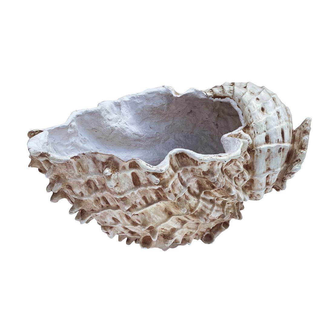 A large scale cast faux seashell sculpture from the early 1970's. Very realistic and a coastal decorators dream.