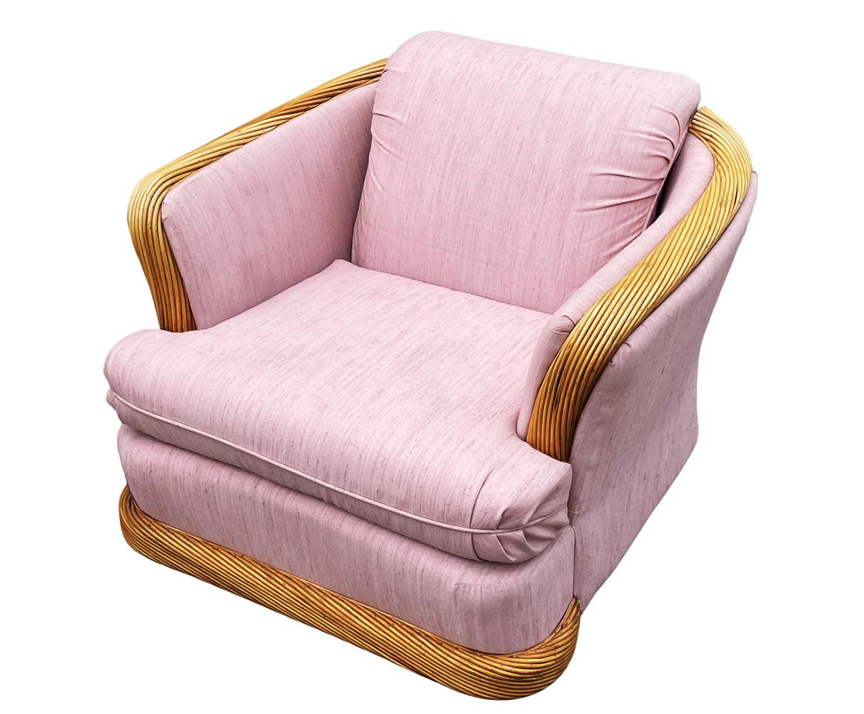 Hollywood Regency Midcentury Coastal Modern Rattan Club or Lounge Chair with Pink Fabric For Sale