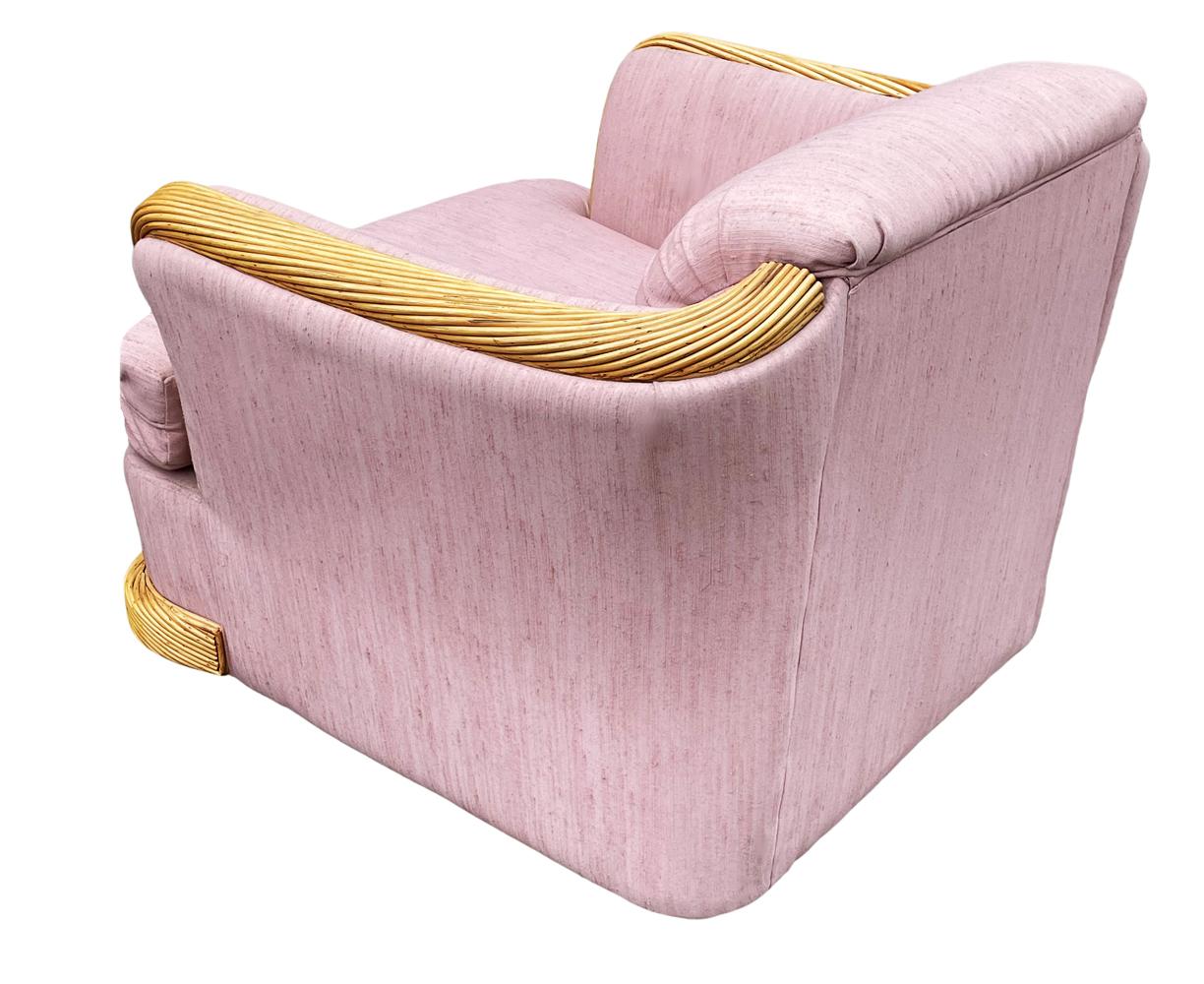 Midcentury Coastal Modern Rattan Club or Lounge Chair with Pink Fabric For Sale 1