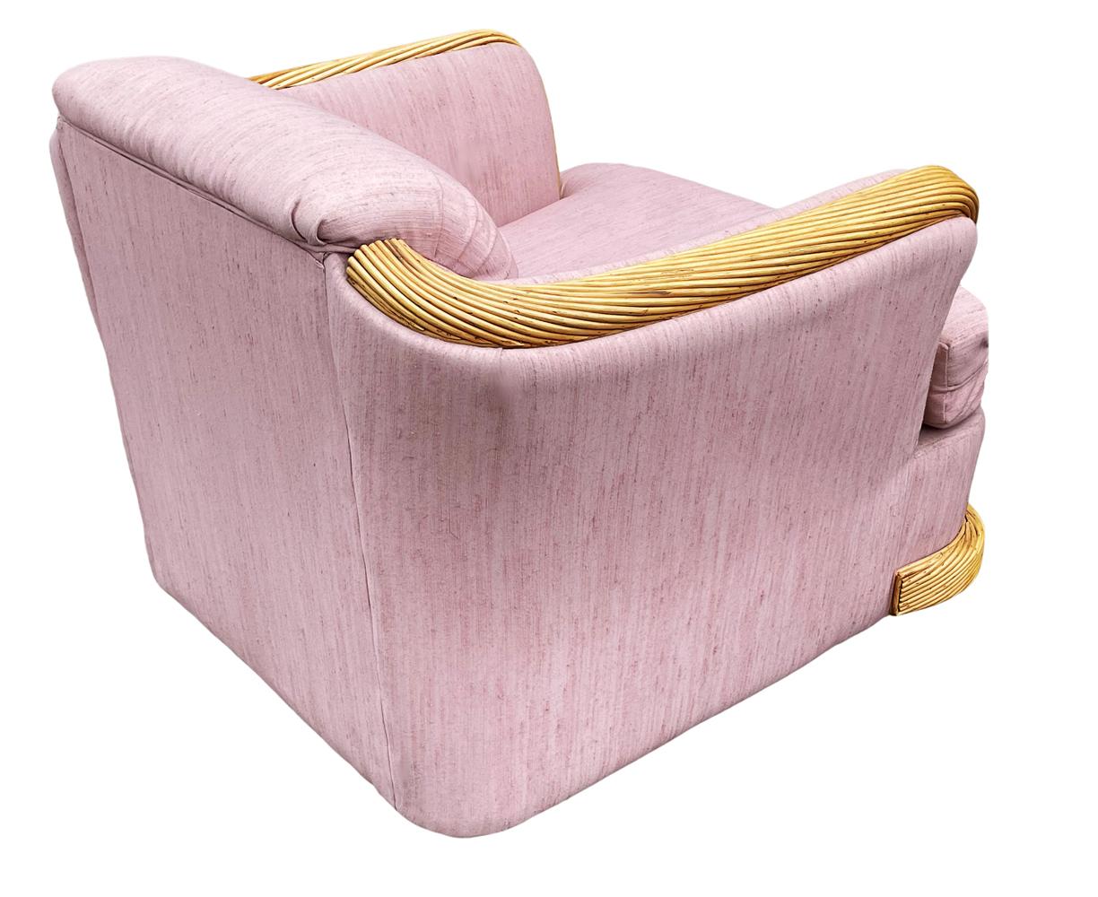 Midcentury Coastal Modern Rattan Club or Lounge Chair with Pink Fabric For Sale 2