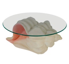 Mid-Century Coastal Modern Shell Form Plaster End Table in White & Pink w/ Glass