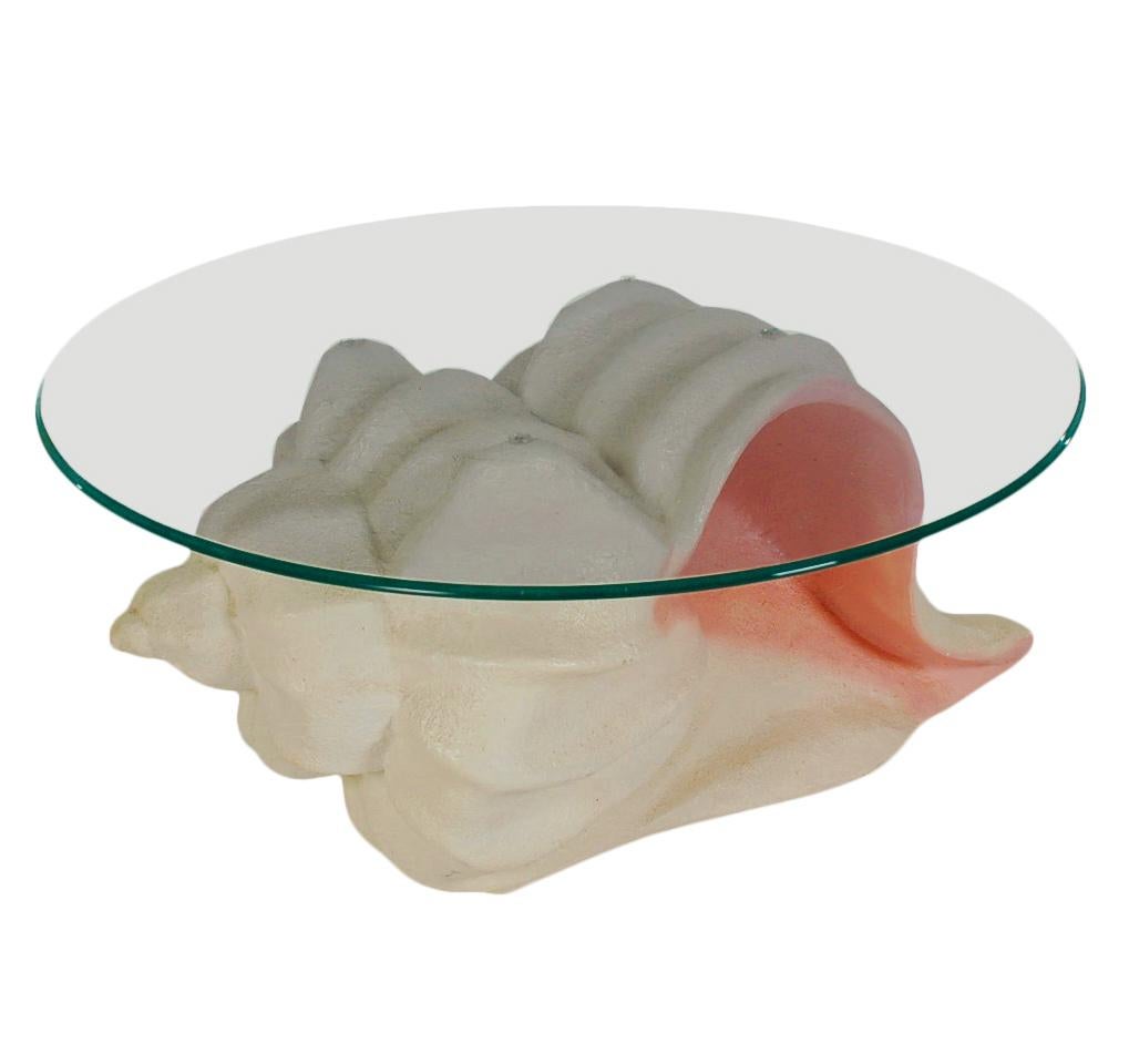 Late 20th Century Mid-Century Coastal Modern Shell Form Plaster End Table in White & Pink w/ Glass For Sale