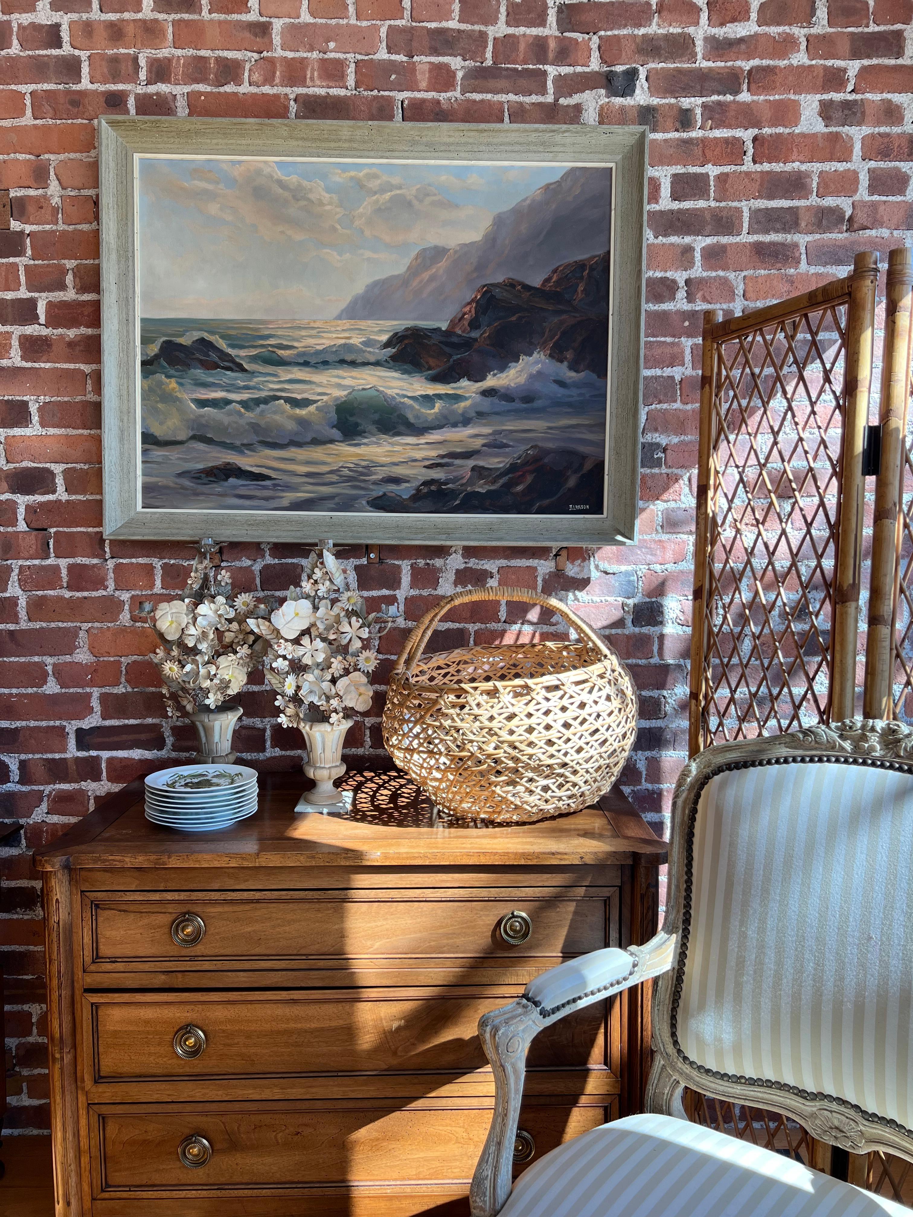 Küsten-Ölgemälde von Bertha Larson aus der Mitte des Jahrhunderts in einem rustikalen Rahmen (Moderne der Mitte des Jahrhunderts) im Angebot