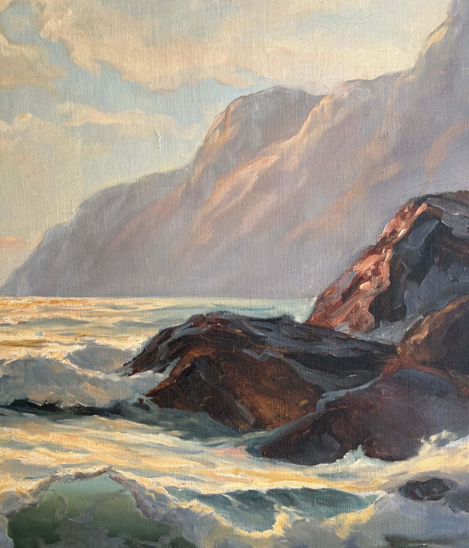 Küsten-Ölgemälde von Bertha Larson aus der Mitte des Jahrhunderts in einem rustikalen Rahmen (20. Jahrhundert) im Angebot