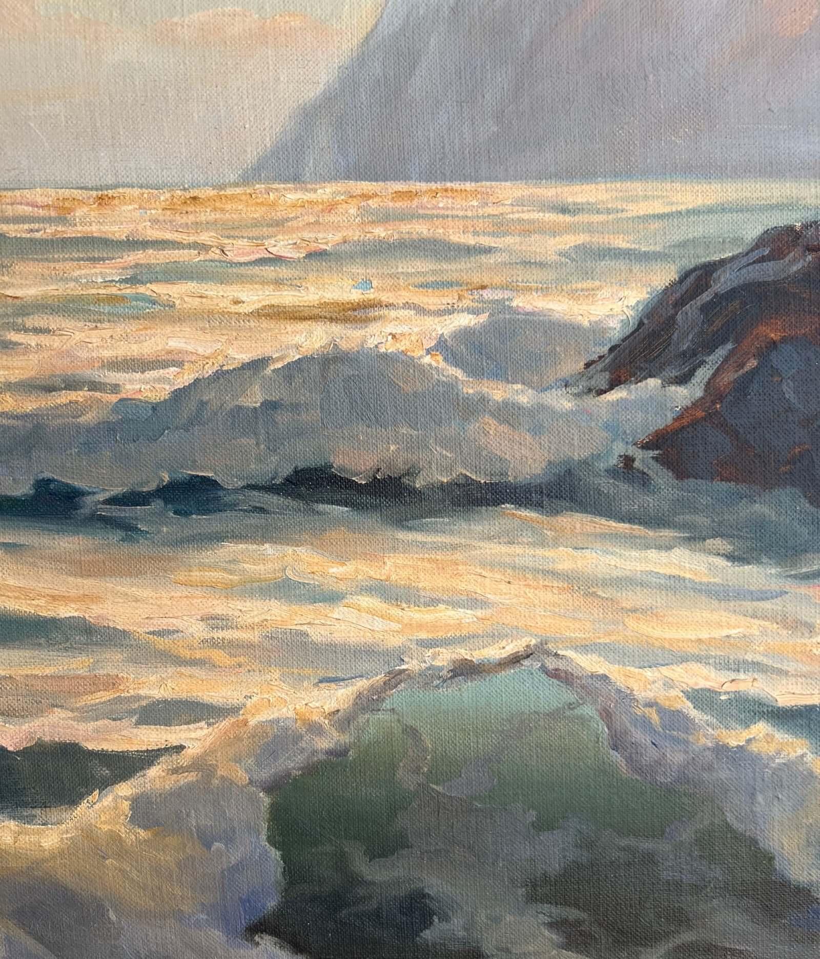 Küsten-Ölgemälde von Bertha Larson aus der Mitte des Jahrhunderts in einem rustikalen Rahmen (Leinwand) im Angebot