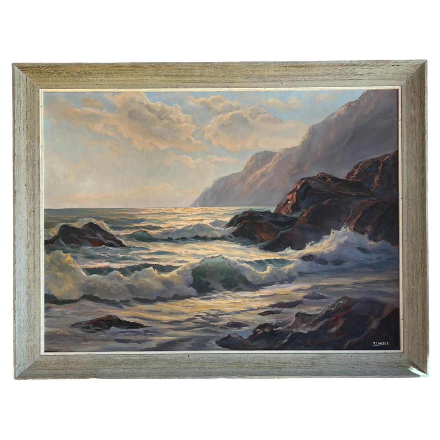 Mid-Century Coastal Oil Painting by Bertha Larson in Rustic Frame