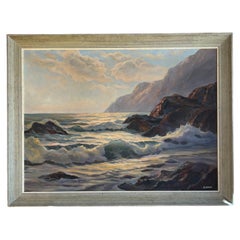 Mid-Century Coastal Oil Painting by Bertha Larson in Rustic Frame