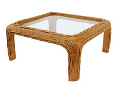 Midcentury Coastal or Boho Modern Woven Rattan & Glass Square Coffee Table
