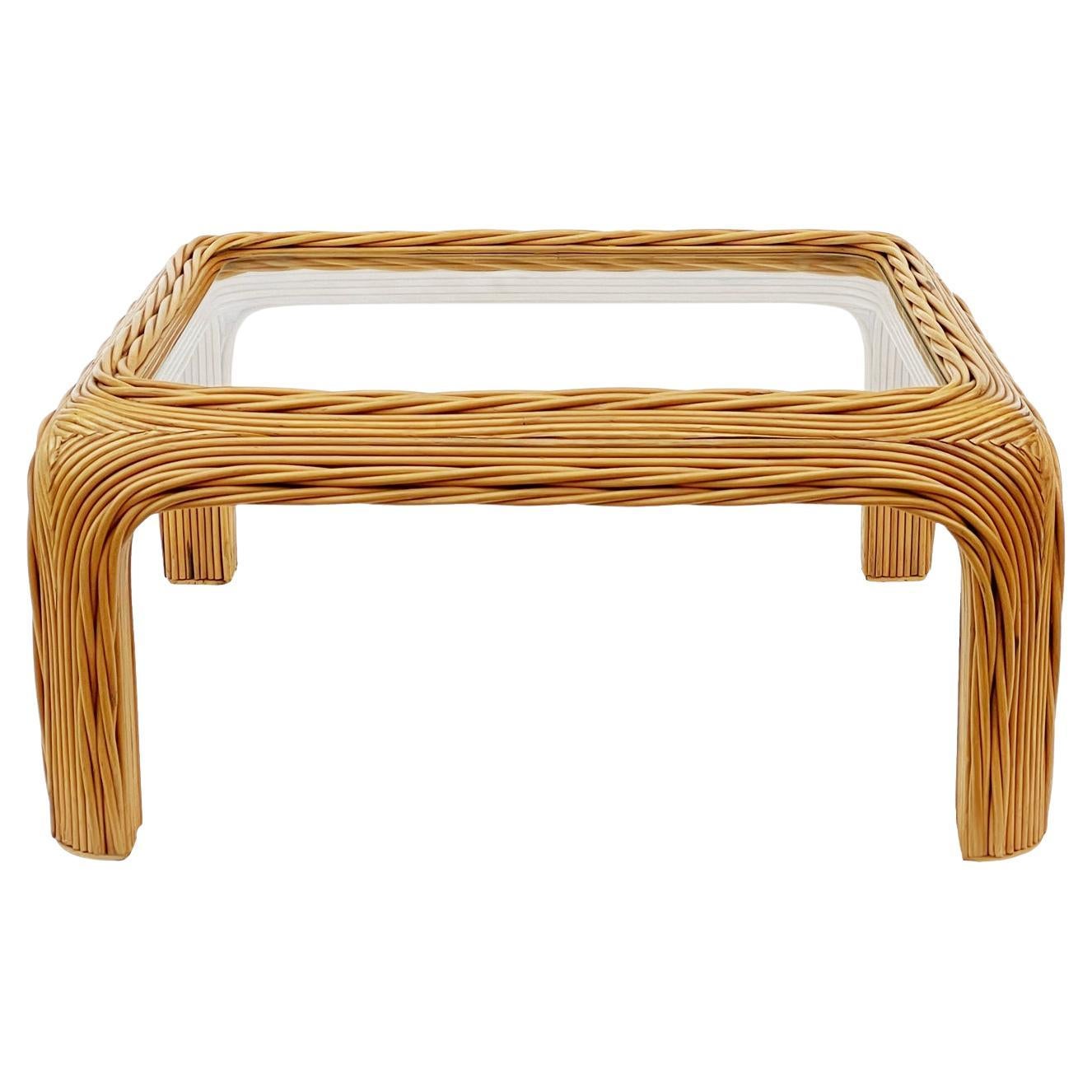 Midcentury Coastal or Boho Modern Woven Rattan & Glass Square Coffee Table  For Sale