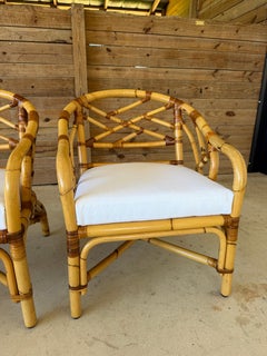 Mid-Century Coastal Rattan Barrel Lounge Chairs With New Sunbrella Cushions-Pair