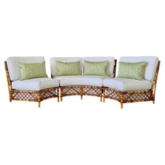 Mid-Century Coastal Rattan Three-Piece Curved Sectional Sofa With New Sunbrella