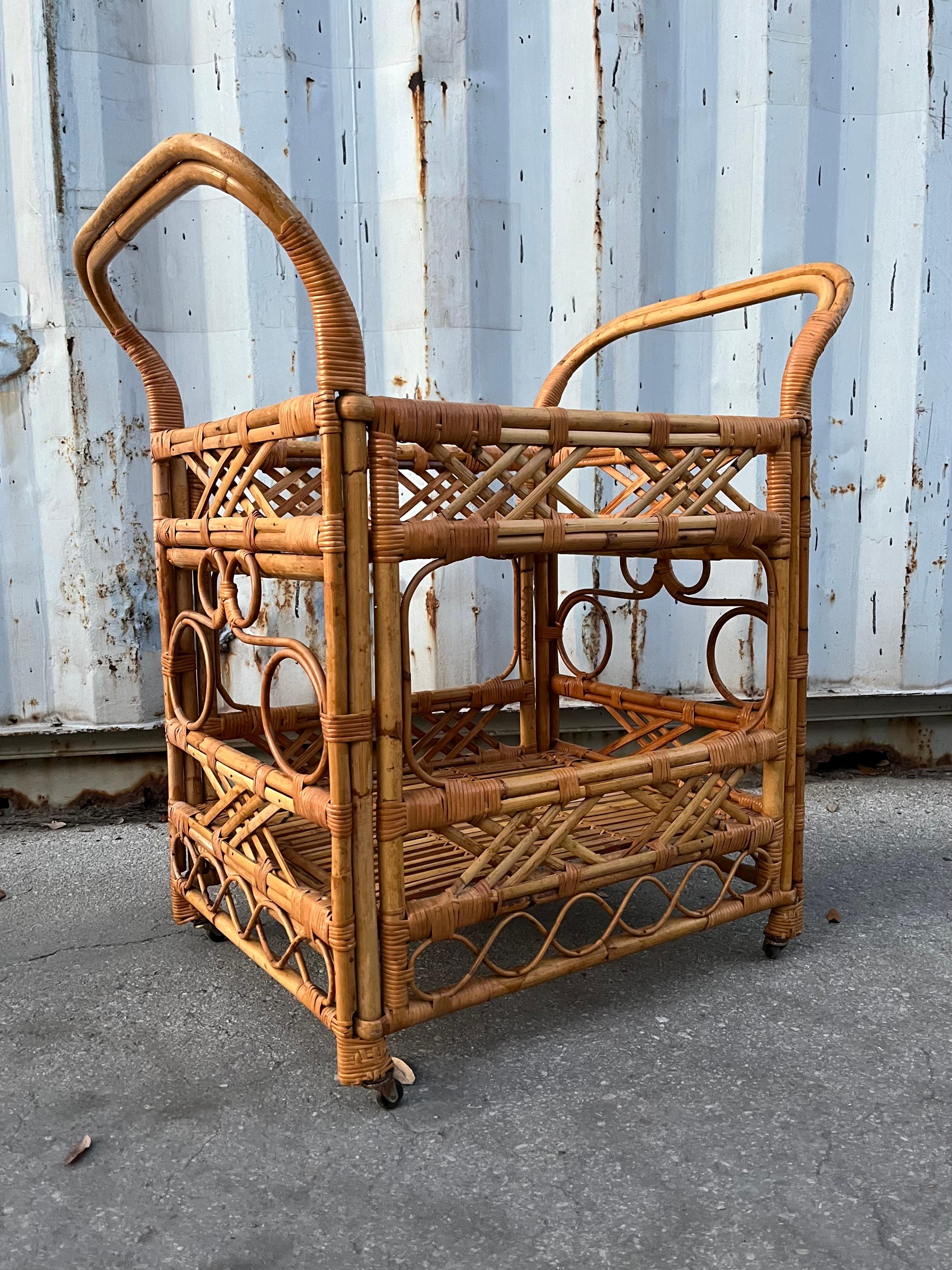 Bohemian Mid Century Coastal Style Rattan Dry Bar/ Serving Cart. Circa 1970s For Sale