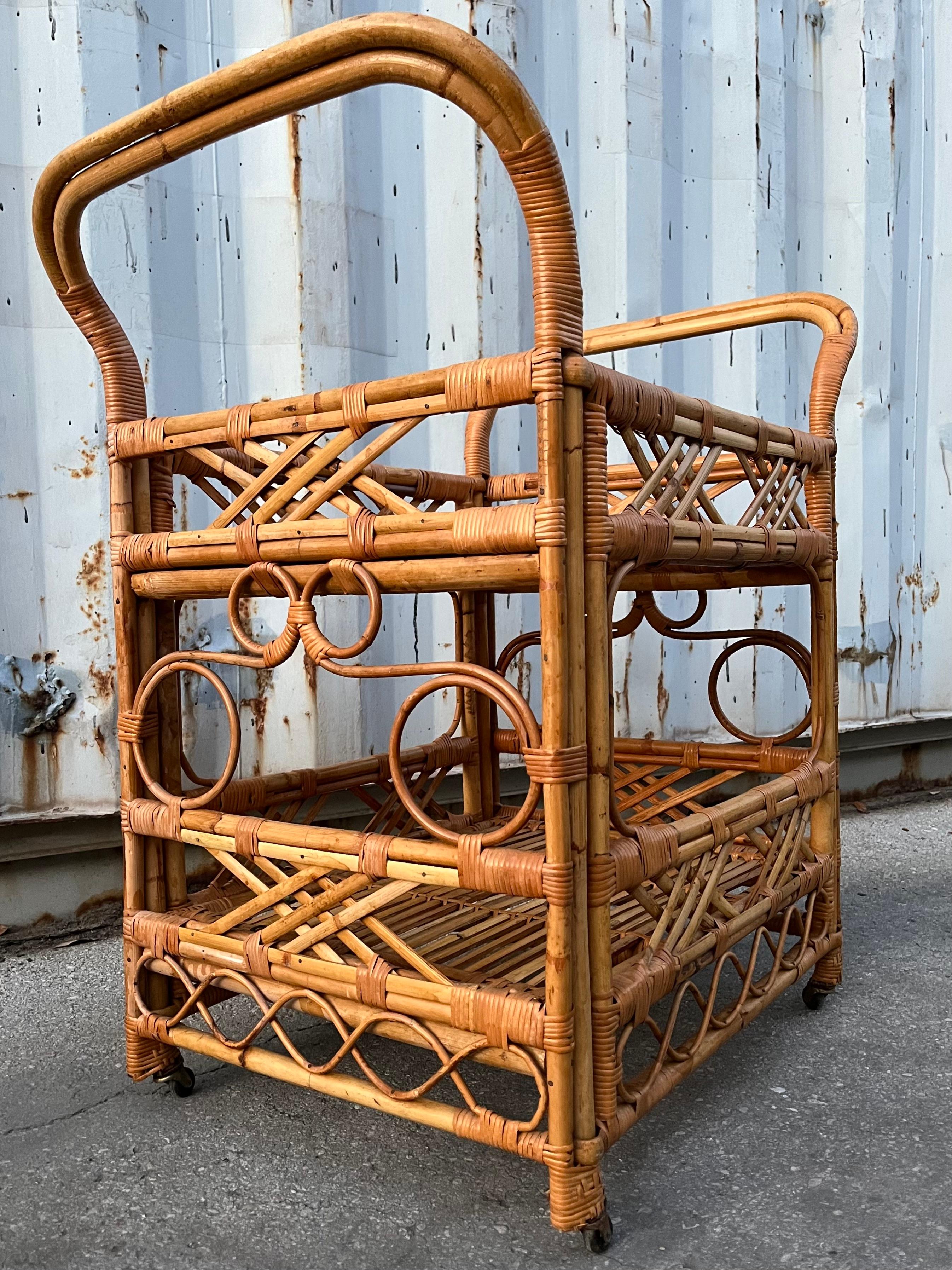 Unknown Mid Century Coastal Style Rattan Dry Bar/ Serving Cart. Circa 1970s For Sale