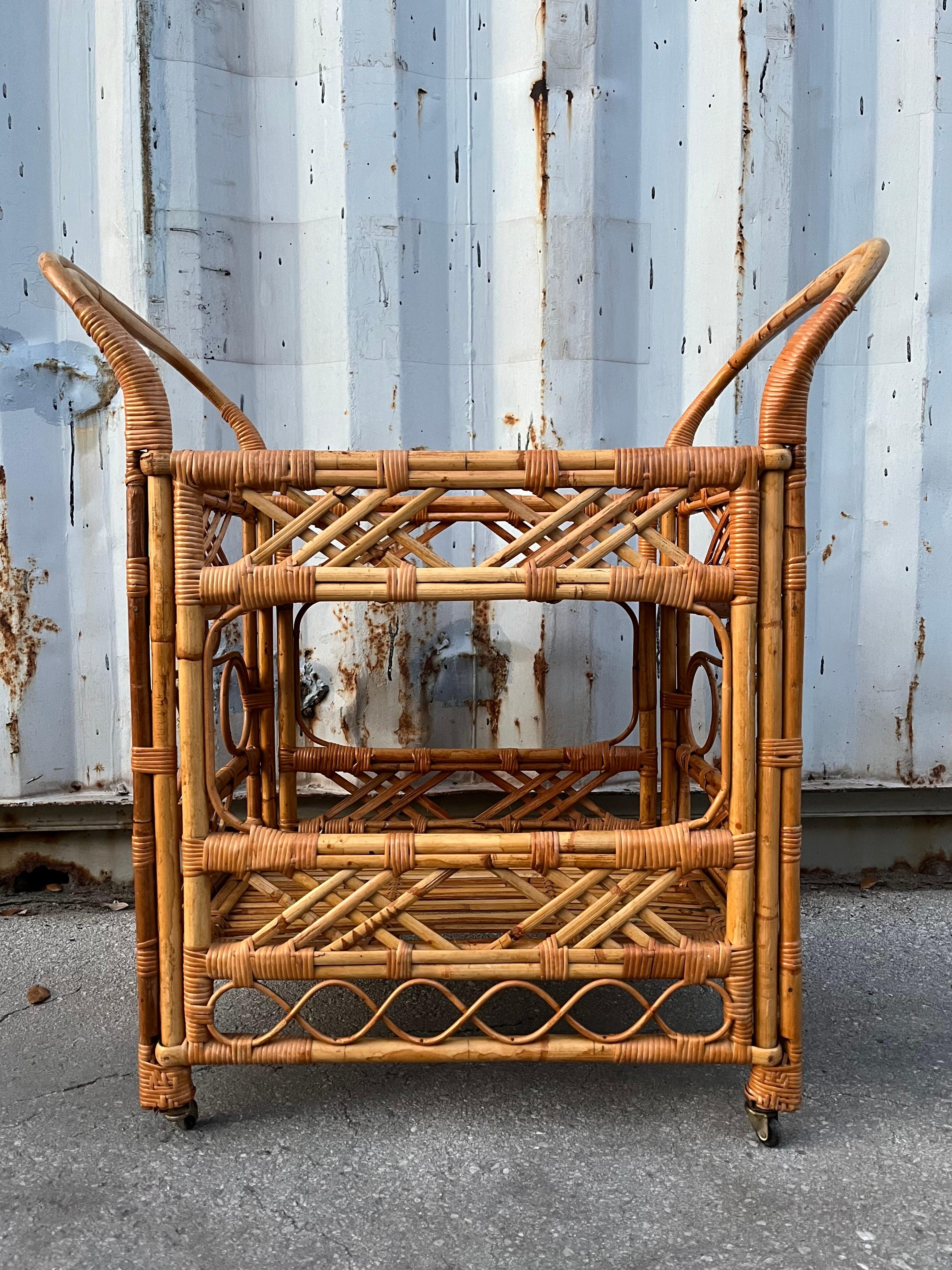 Late 20th Century Mid Century Coastal Style Rattan Dry Bar/ Serving Cart. Circa 1970s For Sale