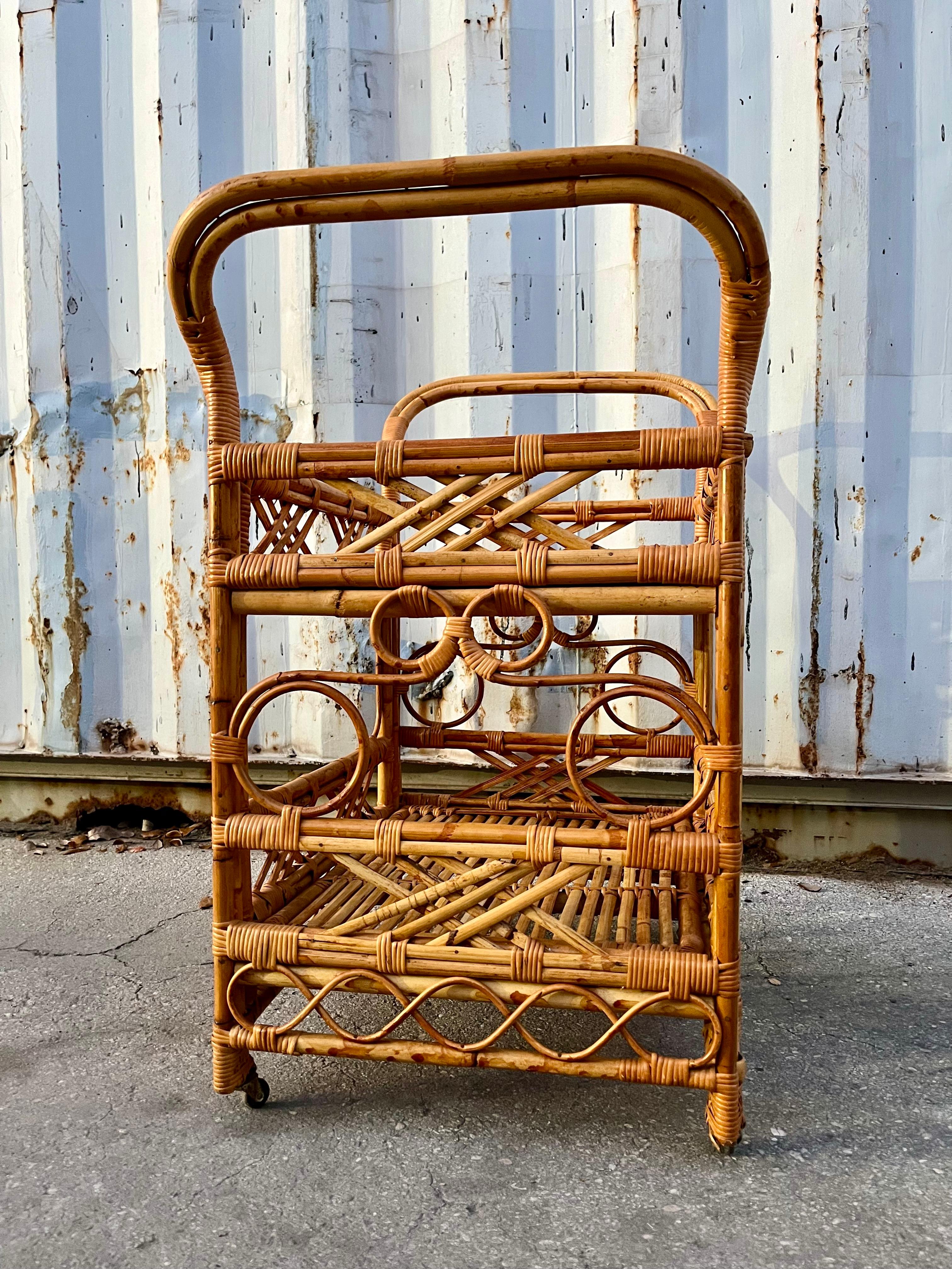 Mid Century Coastal Style Rattan Dry Bar/ Serving Cart. Circa 1970s For Sale 2