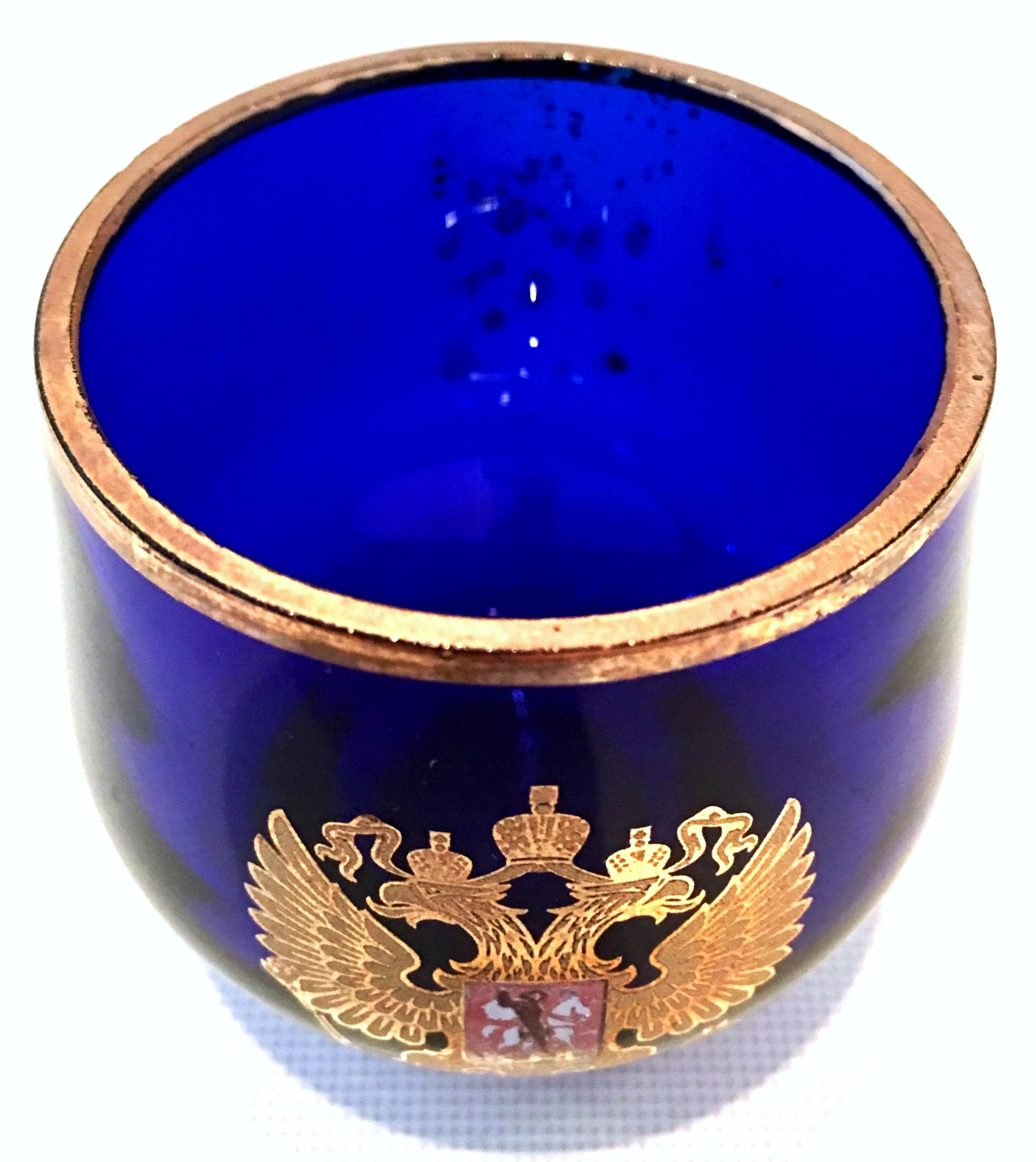 Mid-Century Cobalt & 22K Gold Coat of Arms Bohemia Glass Drinks Set of 11 5