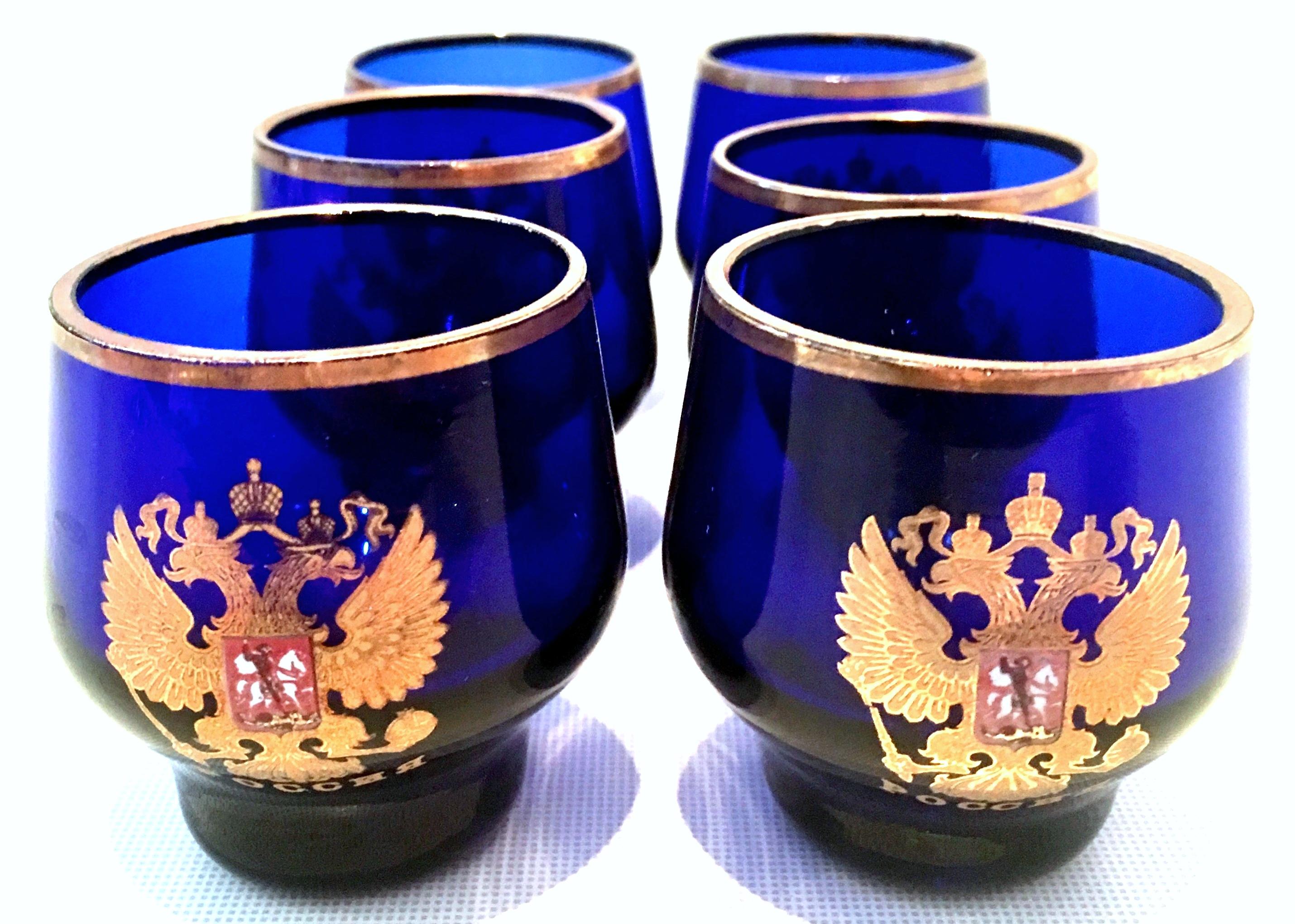 European Mid-Century Cobalt & 22K Gold Coat of Arms Bohemia Glass Drinks Set of 11