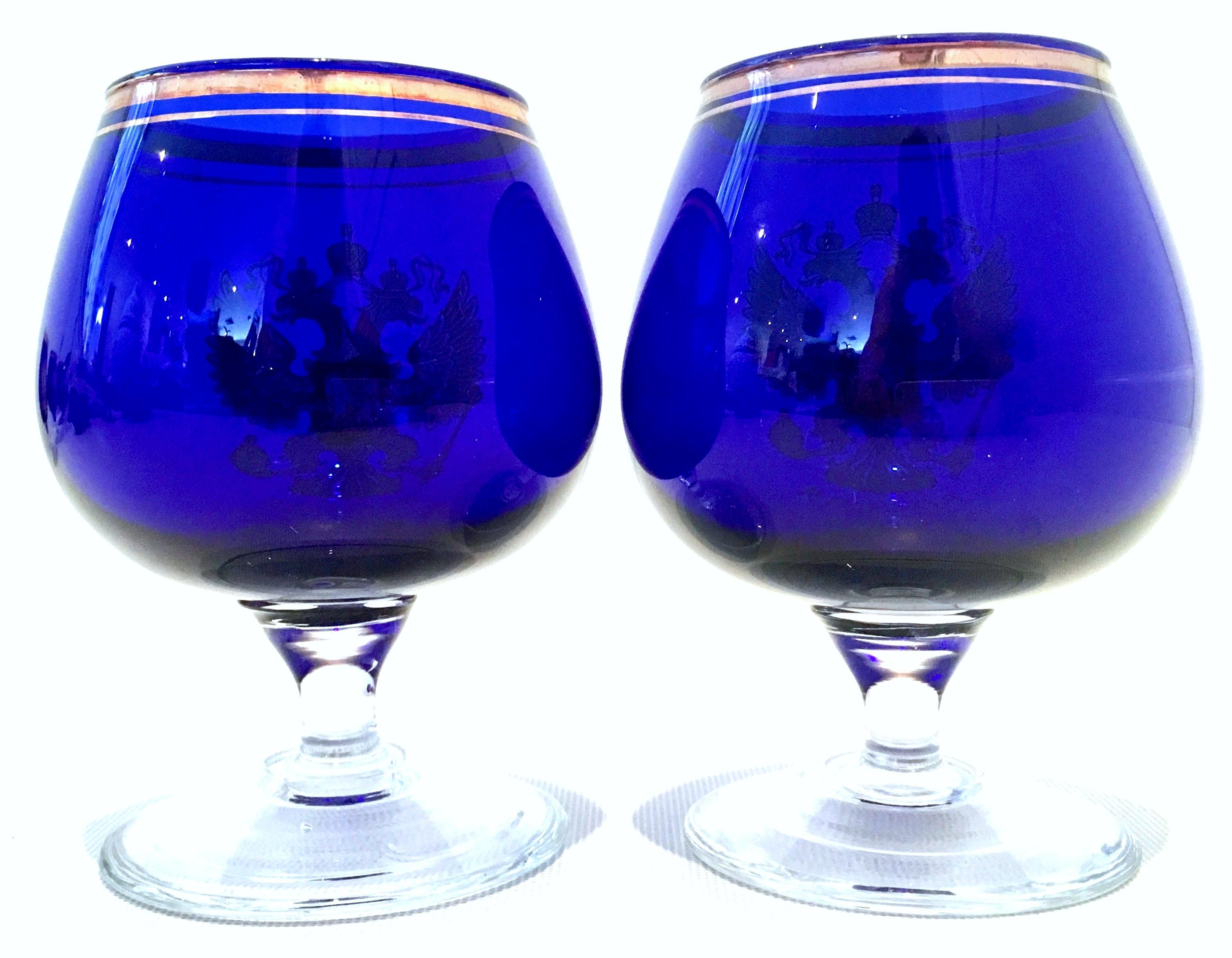 20th Century Mid-Century Cobalt & 22K Gold Coat of Arms Bohemia Glass Drinks Set of 11