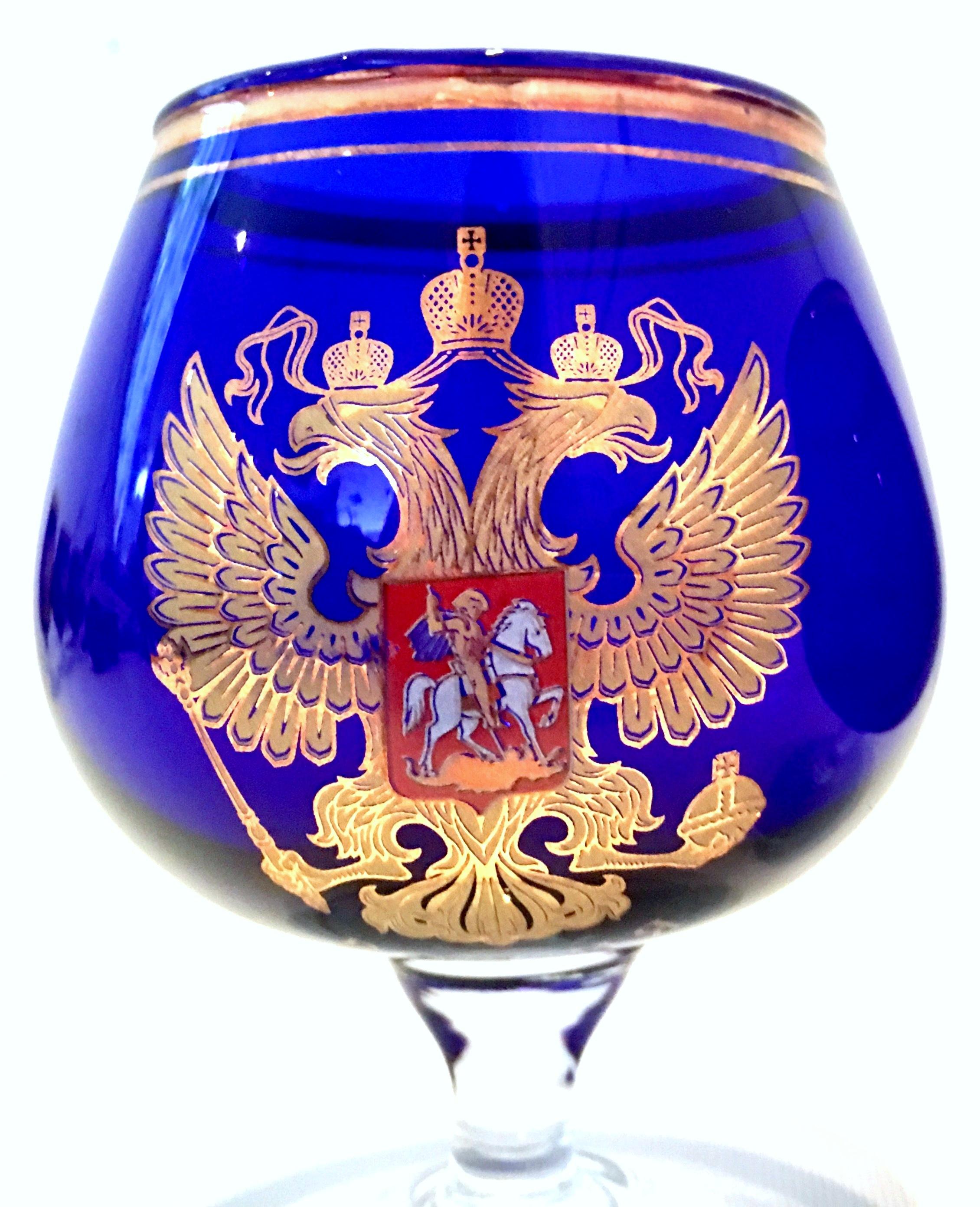 Mid-Century Cobalt & 22K Gold Coat of Arms Bohemia Glass Drinks Set of 11 2