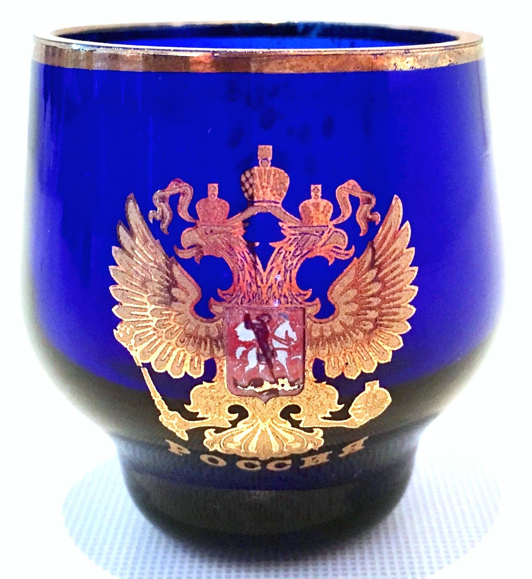 Mid-Century Cobalt & 22K Gold Coat of Arms Bohemia Glass Drinks Set of 11 3