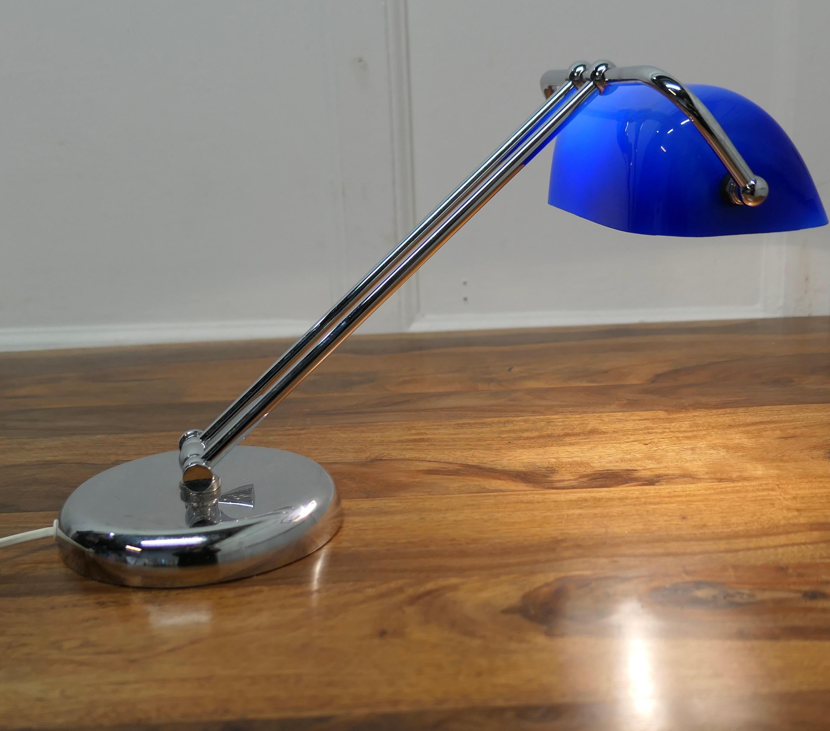 Mid Century Cobalt and Chrome Glass Library Desk Lamp    In Good Condition For Sale In Chillerton, Isle of Wight