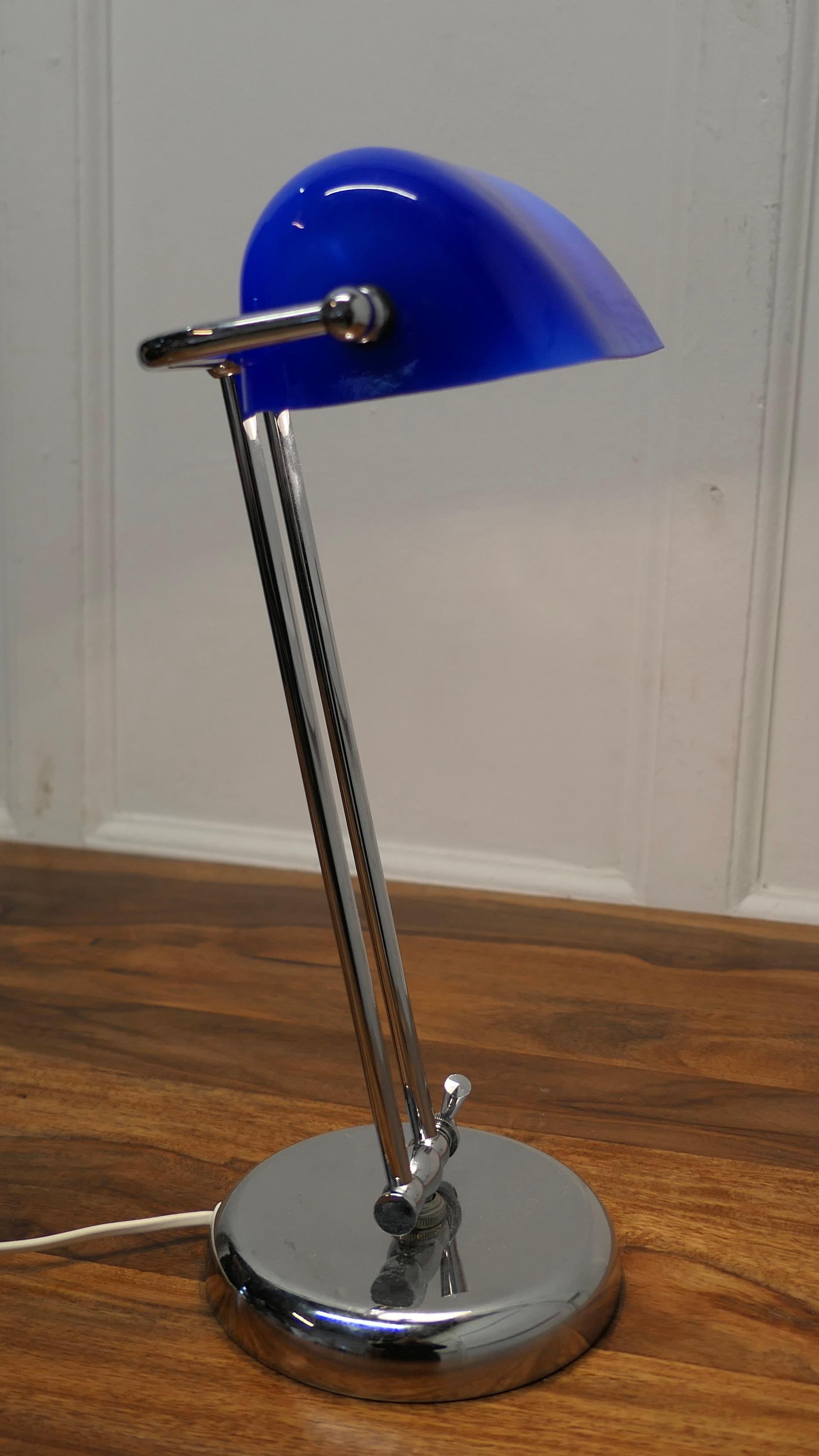 20th Century Mid Century Cobalt and Chrome Glass Library Desk Lamp    For Sale