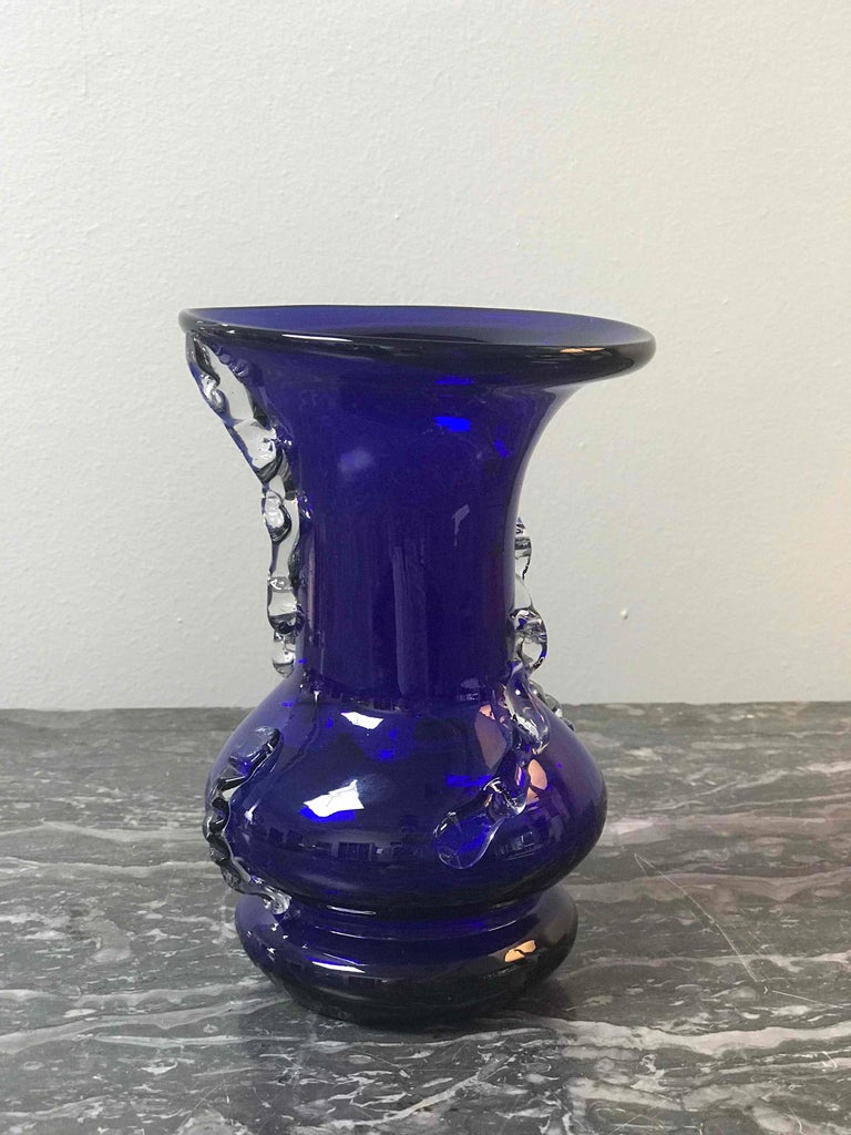MidCentury Cobalt Blue Blown Glass Vase with Clear Glass Decoration