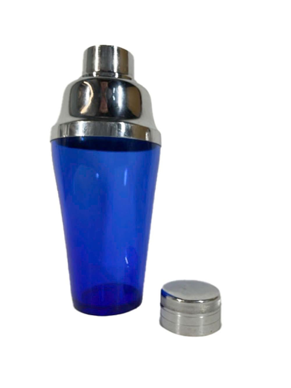 Mid-Century Cobalt Blue Glass Cocktail Shaker with High Dome Chrome Lid In Good Condition For Sale In Nantucket, MA