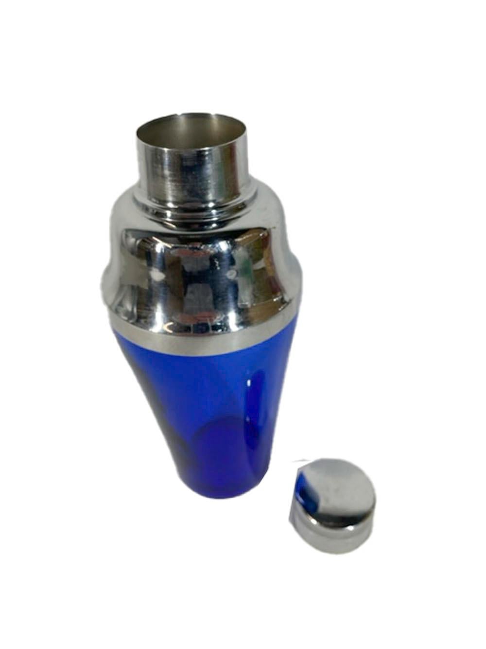 20th Century Mid-Century Cobalt Blue Glass Cocktail Shaker with High Dome Chrome Lid For Sale