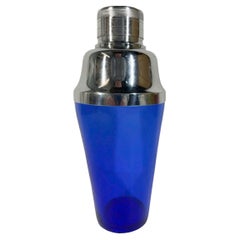 Mid-Century Cobalt Blue Glass Cocktail Shaker with High Dome Chrome Lid