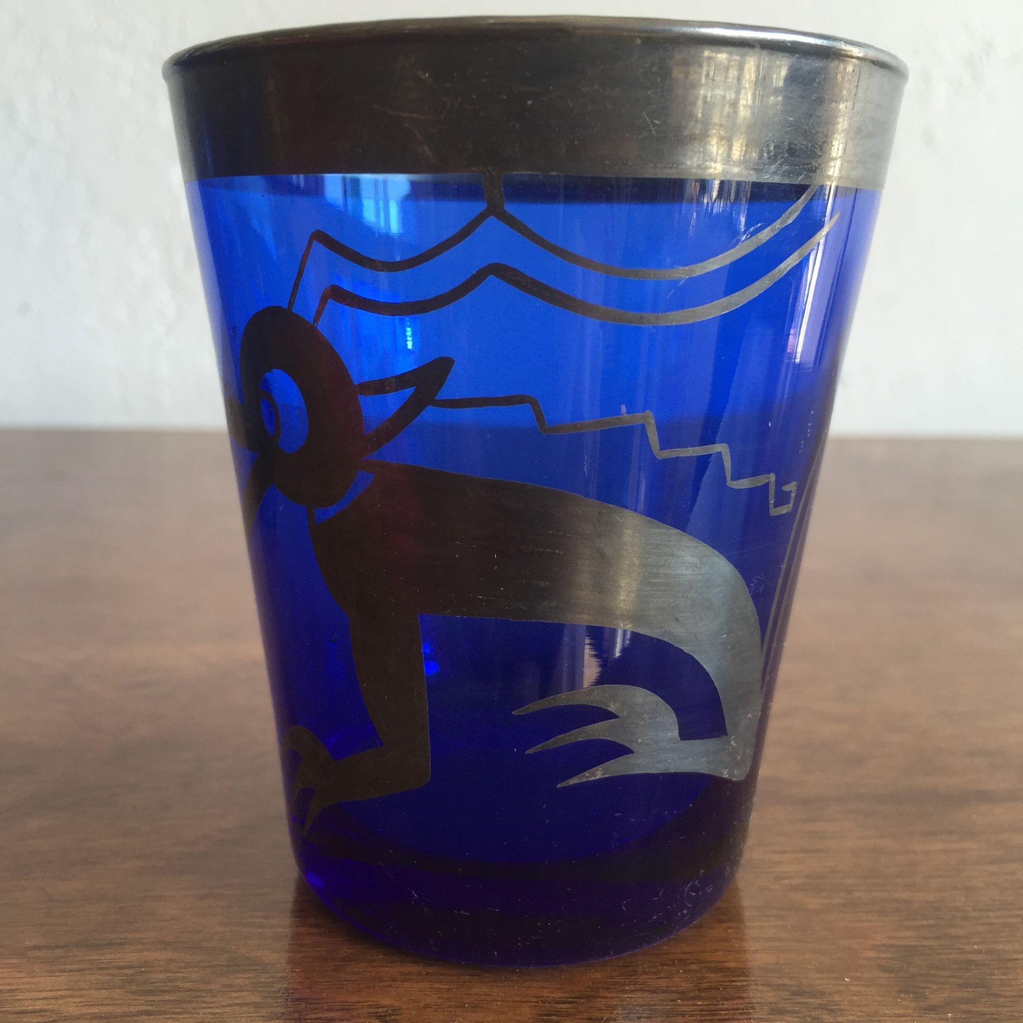 Art Glass Midcentury Cobalt Blue Mixer Set with Aztec Motif, 5 Piece Set For Sale