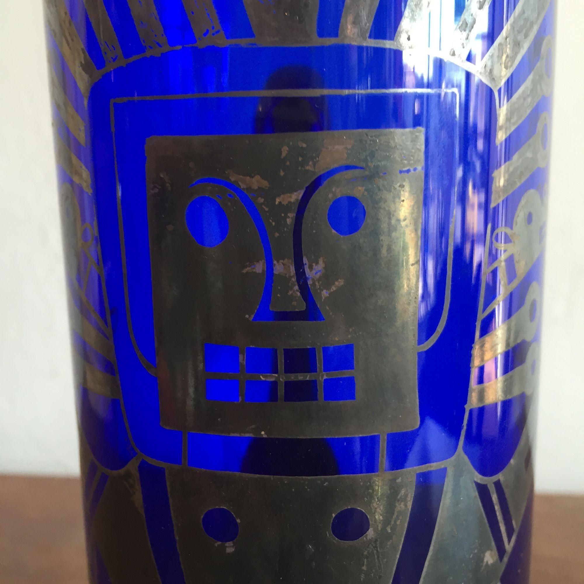 Midcentury Cobalt Blue Mixer Set with Aztec Motif, 5 Piece Set For Sale 3