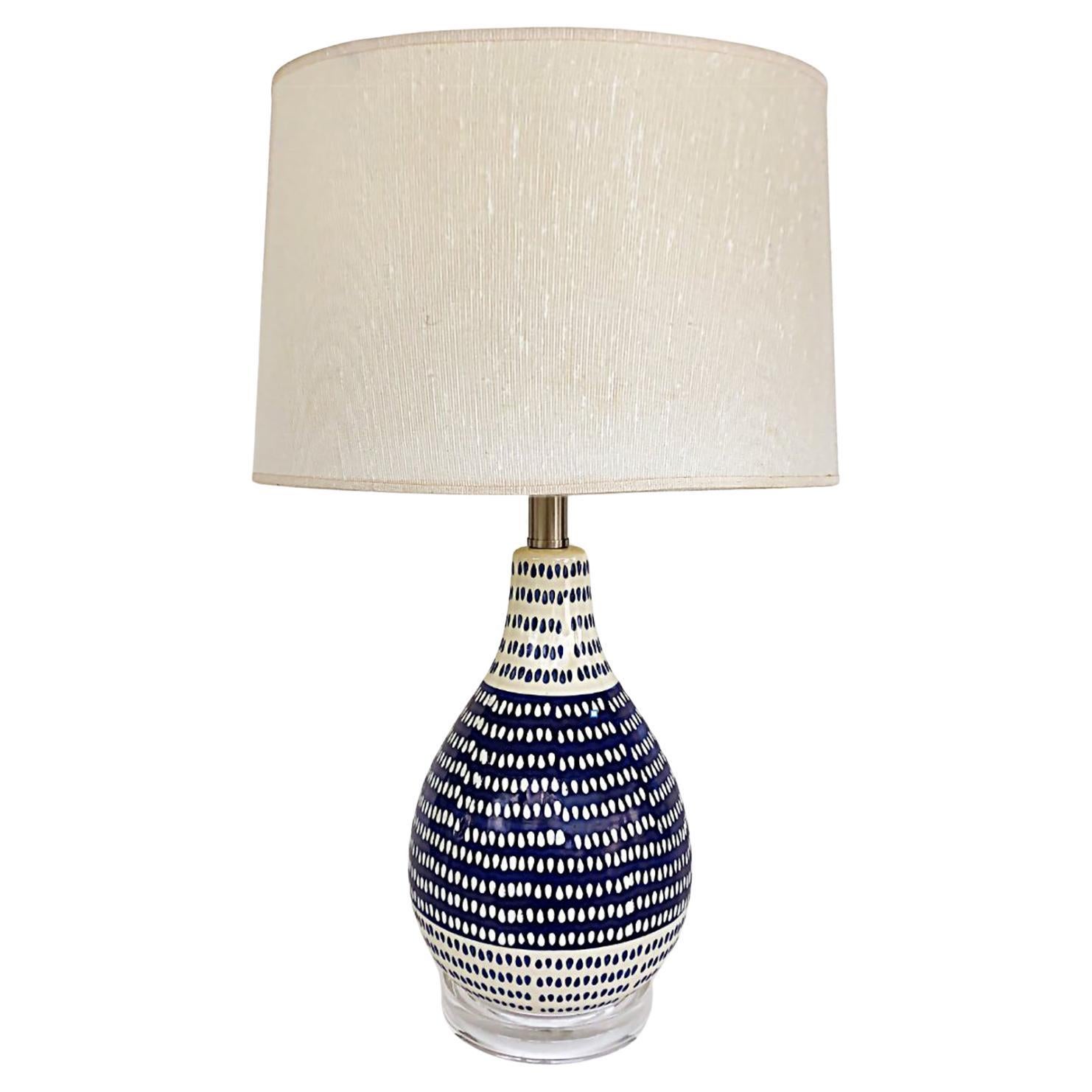 Mid-Century Cobalt Blue, White Ceramic Table Lamp, Lucite Base and Finial