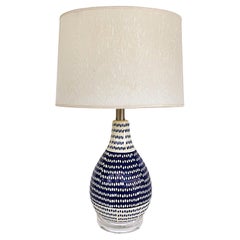 Mid-Century Cobalt Blue, White Ceramic Table Lamp, Lucite Base and Finial