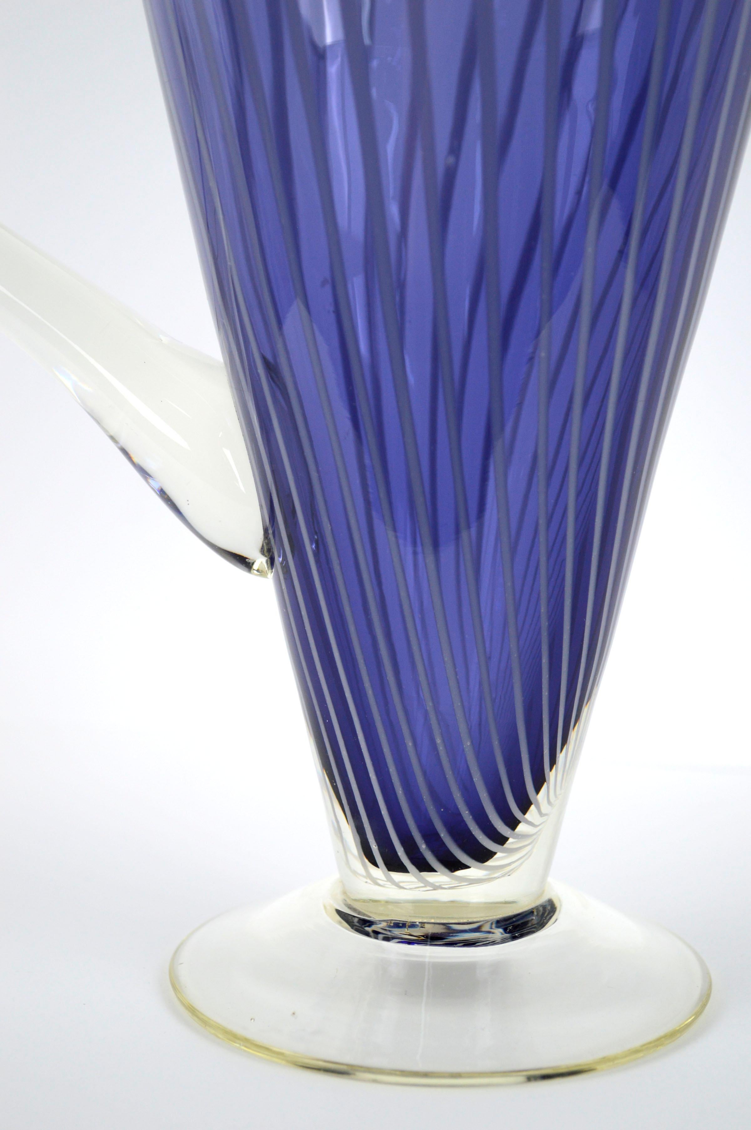 Mid-Century Modern Mid Century Modern Cobalt Blue & White Murano Filigrana Stripe Glass Pitcher For Sale